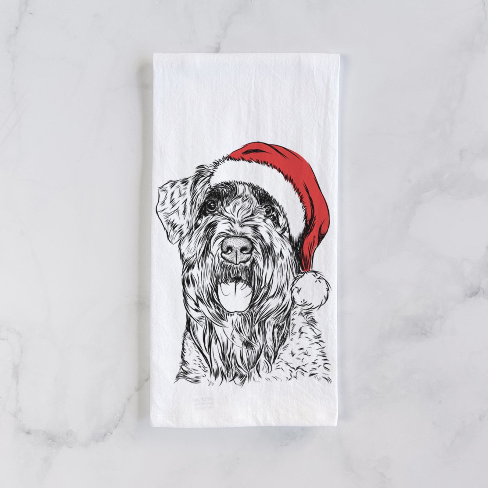 Hand-drawn sketch of Bonnie the Bouvier Des Flandres wearing a Santa hat on a tea towel