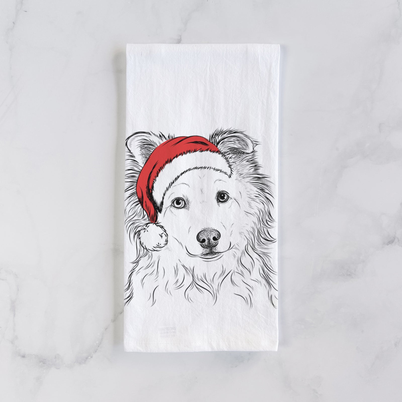 Hand-drawn sketch of Bonsai the Mixed Breed wearing a Santa hat on a tea towel