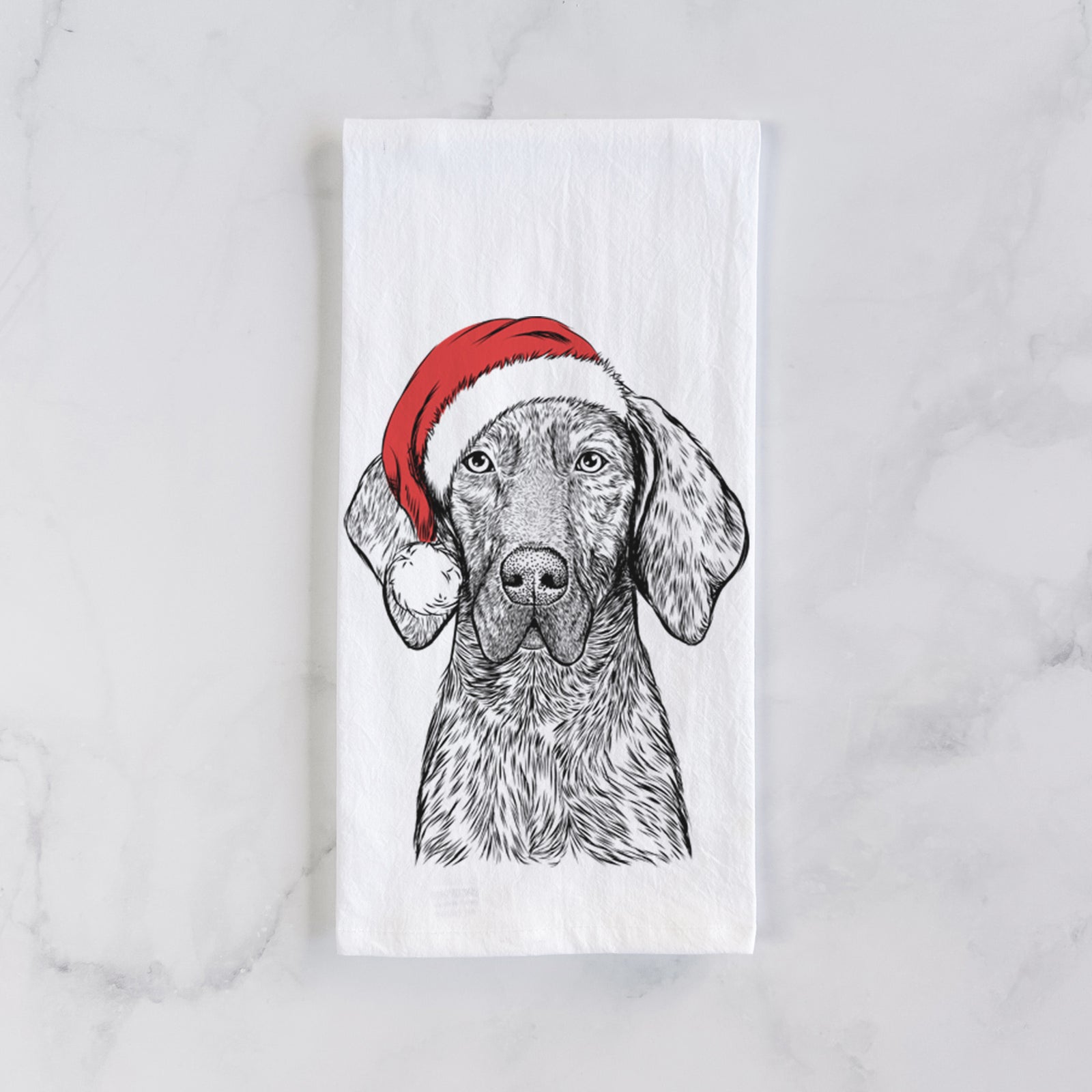Hand-drawn sketch of Boone the Plott Hound wearing a Santa hat on a tea towel