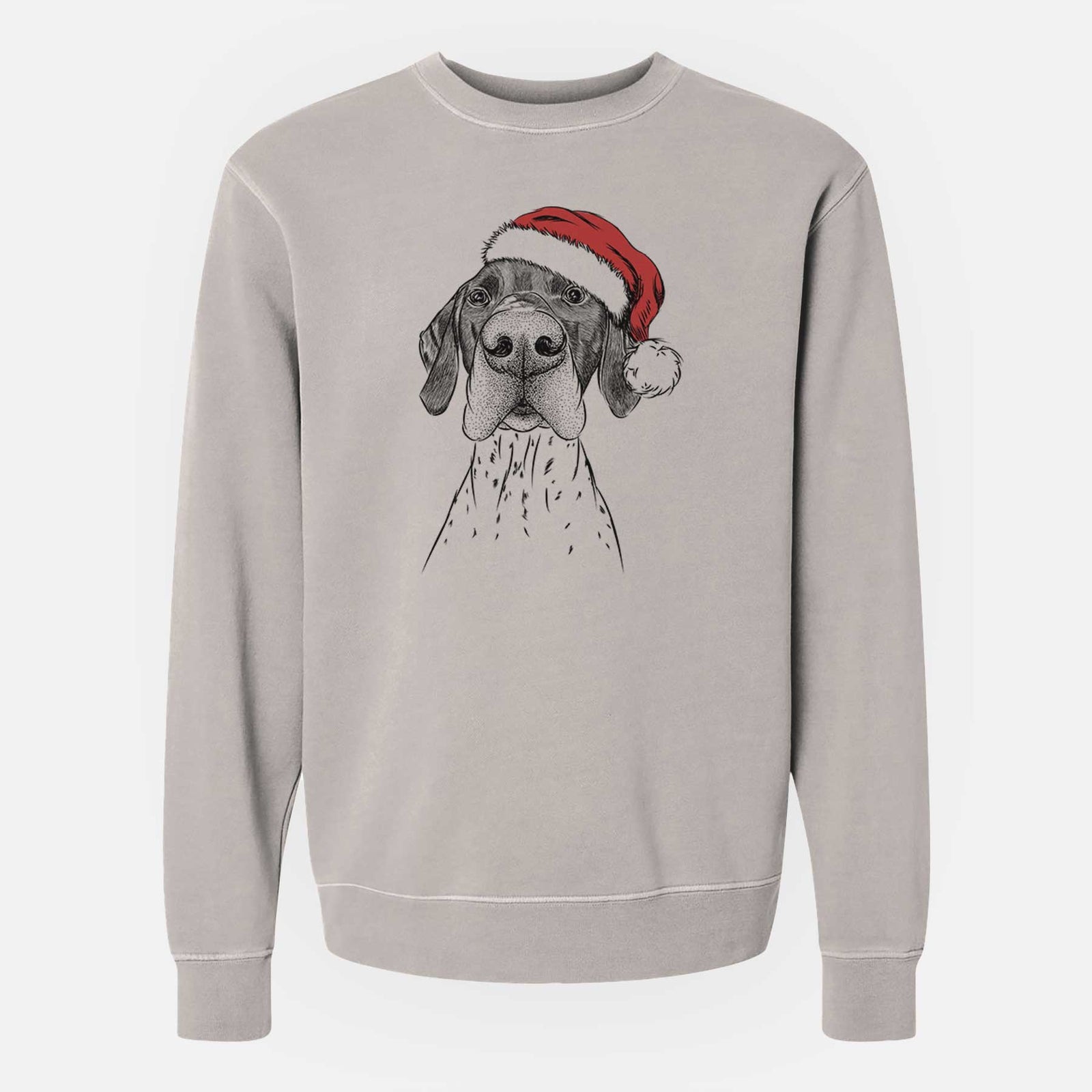 Hand-drawn sketch of Booze the German Shorthaired Pointer wearing a Santa hat on a Cement Unisex pigment dyed crew sweatshirt