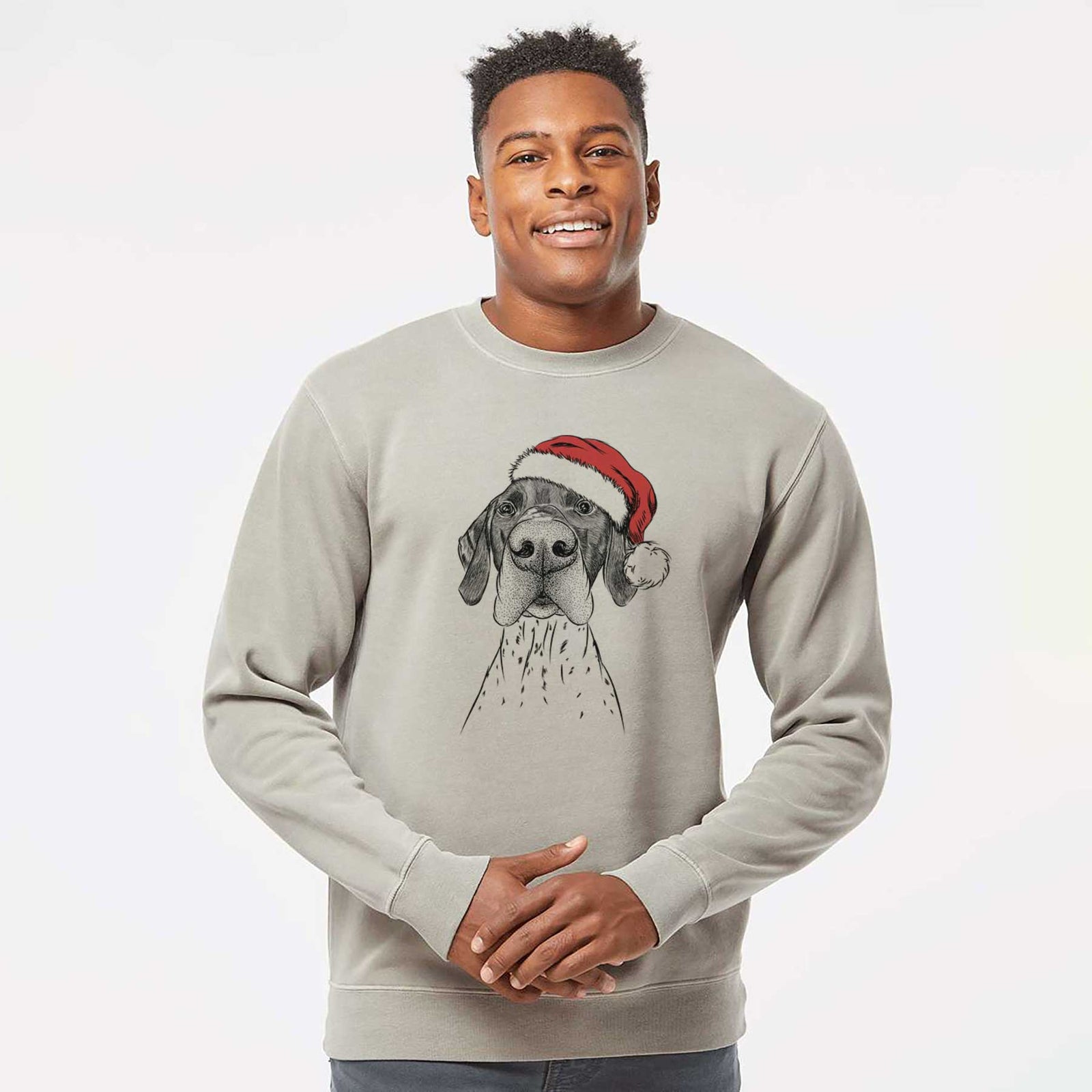 Hand-drawn sketch of Booze the German Shorthaired Pointer wearing a Santa hat on a Cement Unisex pigment dyed crew sweatshirt