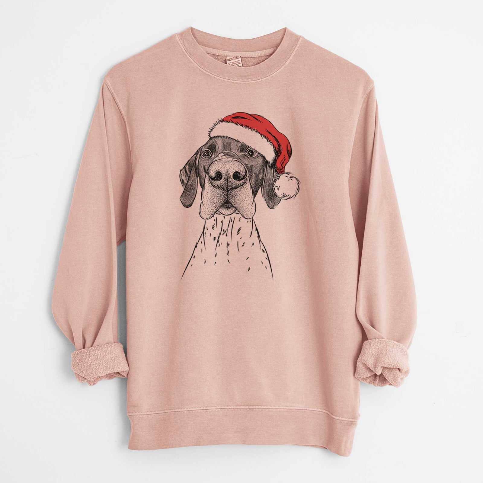 Hand-drawn sketch of Booze the German Shorthaired Pointer wearing a Santa hat on a Dusty Pink Unisex pigment dyed crew sweatshirt