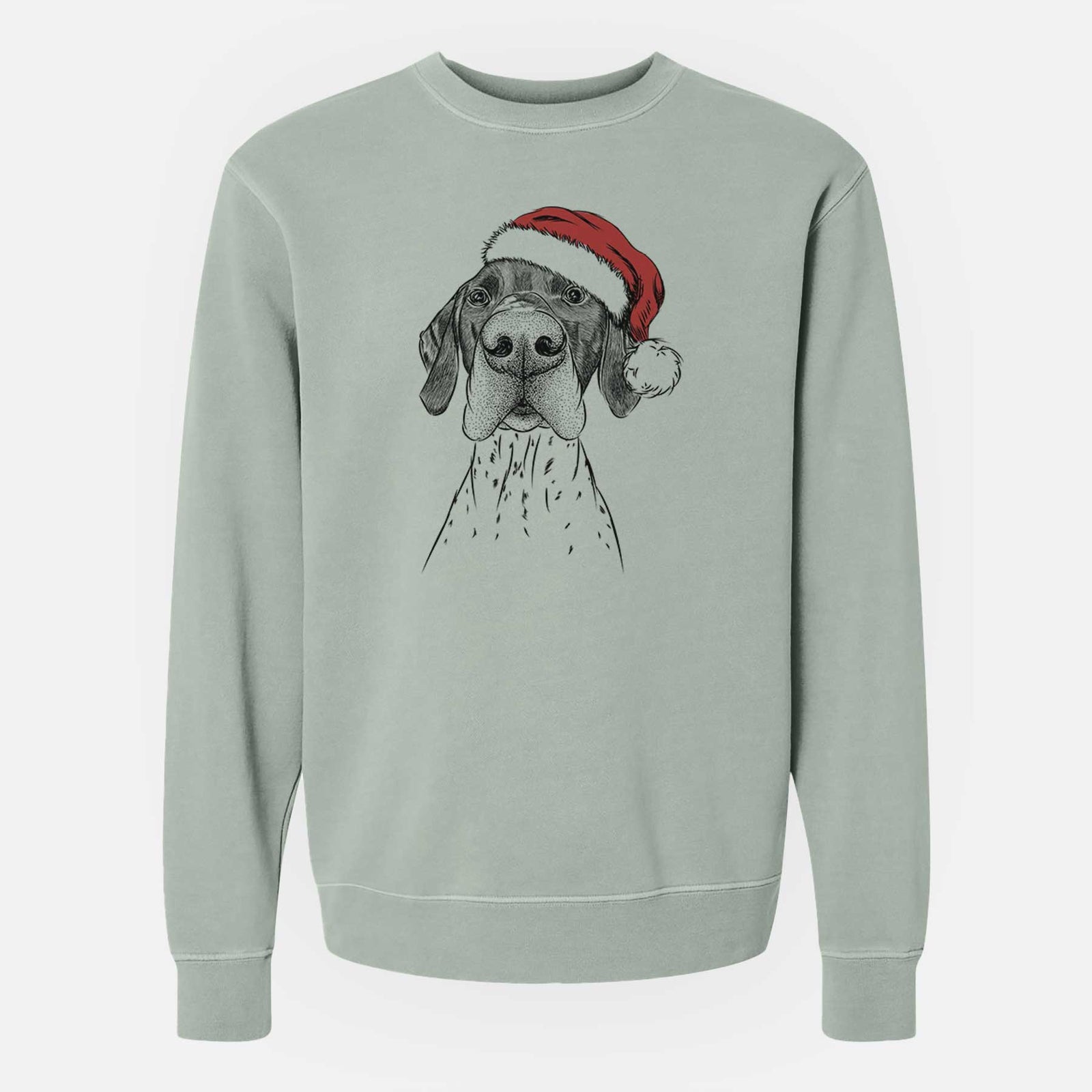 Hand-drawn sketch of Booze the German Shorthaired Pointer wearing a Santa hat on a Sage Unisex pigment dyed crew sweatshirt
