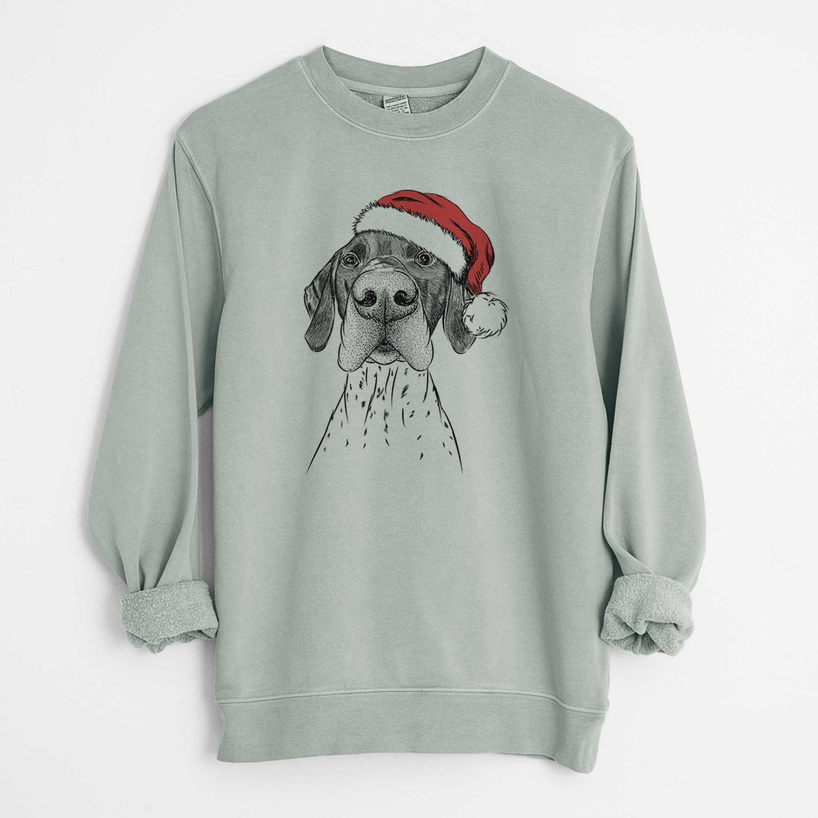 Hand-drawn sketch of Booze the German Shorthaired Pointer wearing a Santa hat on a Sage Unisex pigment dyed crew sweatshirt
