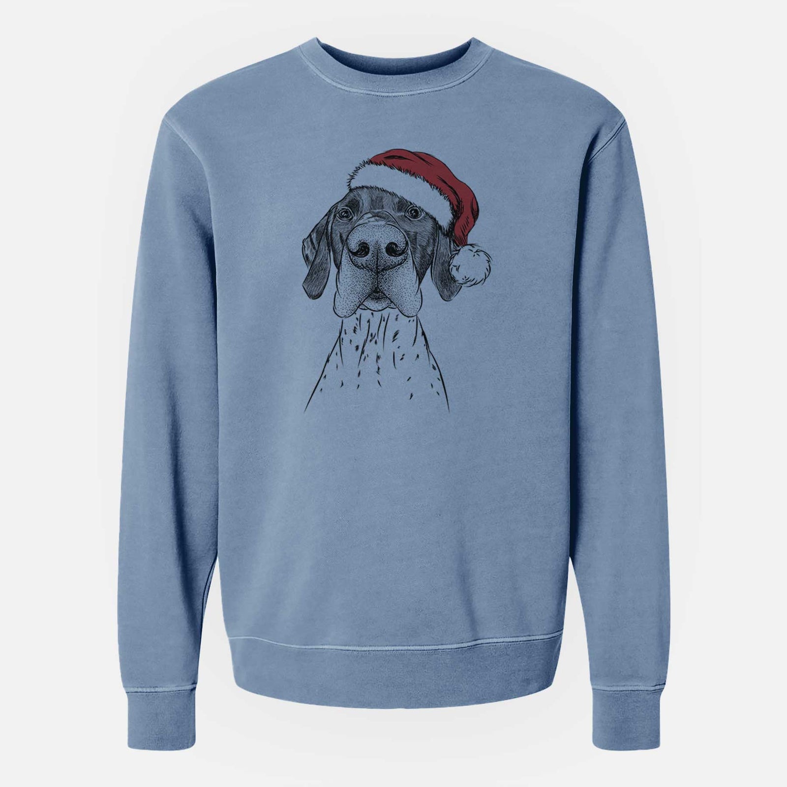 Hand-drawn sketch of Booze the German Shorthaired Pointer wearing a Santa hat on a Slate Blue Unisex pigment dyed crew sweatshirt
