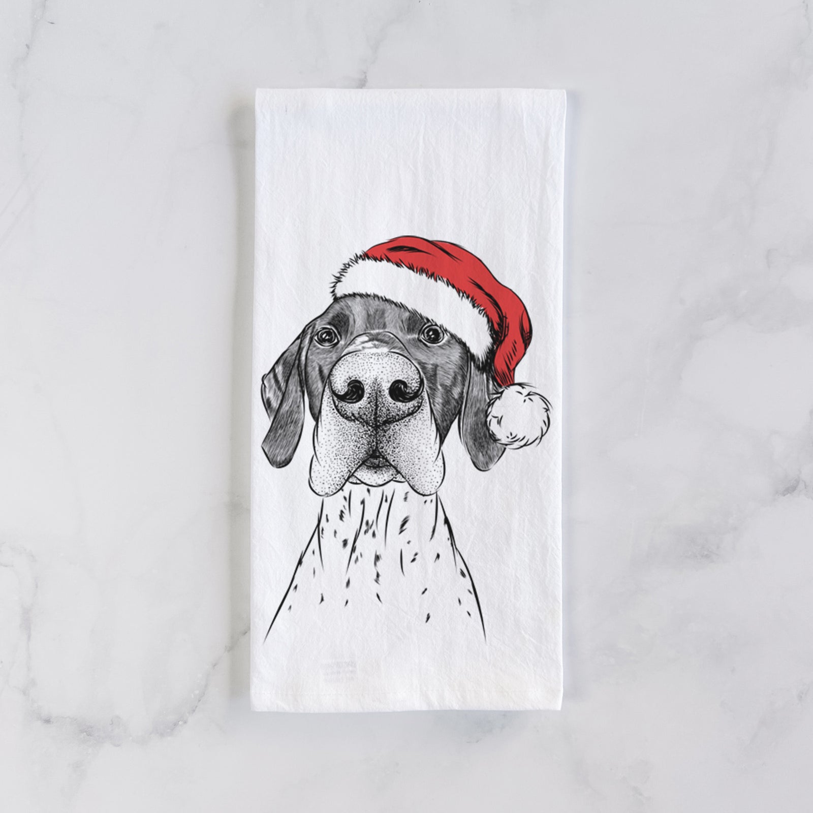 Hand-drawn sketch of Booze the German Shorthaired Pointer wearing a Santa hat on a tea towel