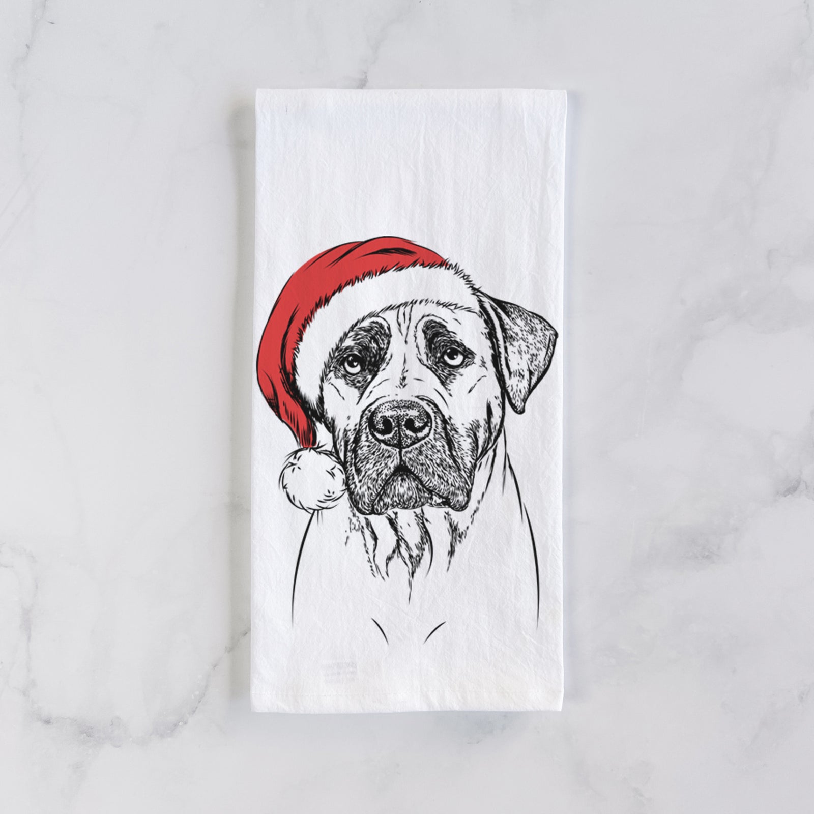 Hand-drawn sketch of Boris the Boerboel wearing a Santa hat on a tea towel