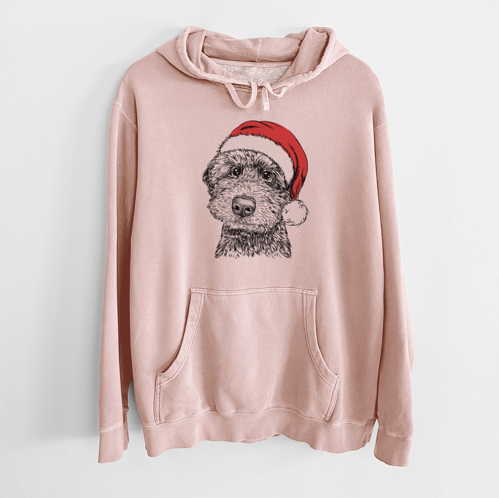 Hand-drawn sketch of Bowser the Whoodle wearing a Santa hat on a Dusty Pink Unisex pigment dyed hoodie