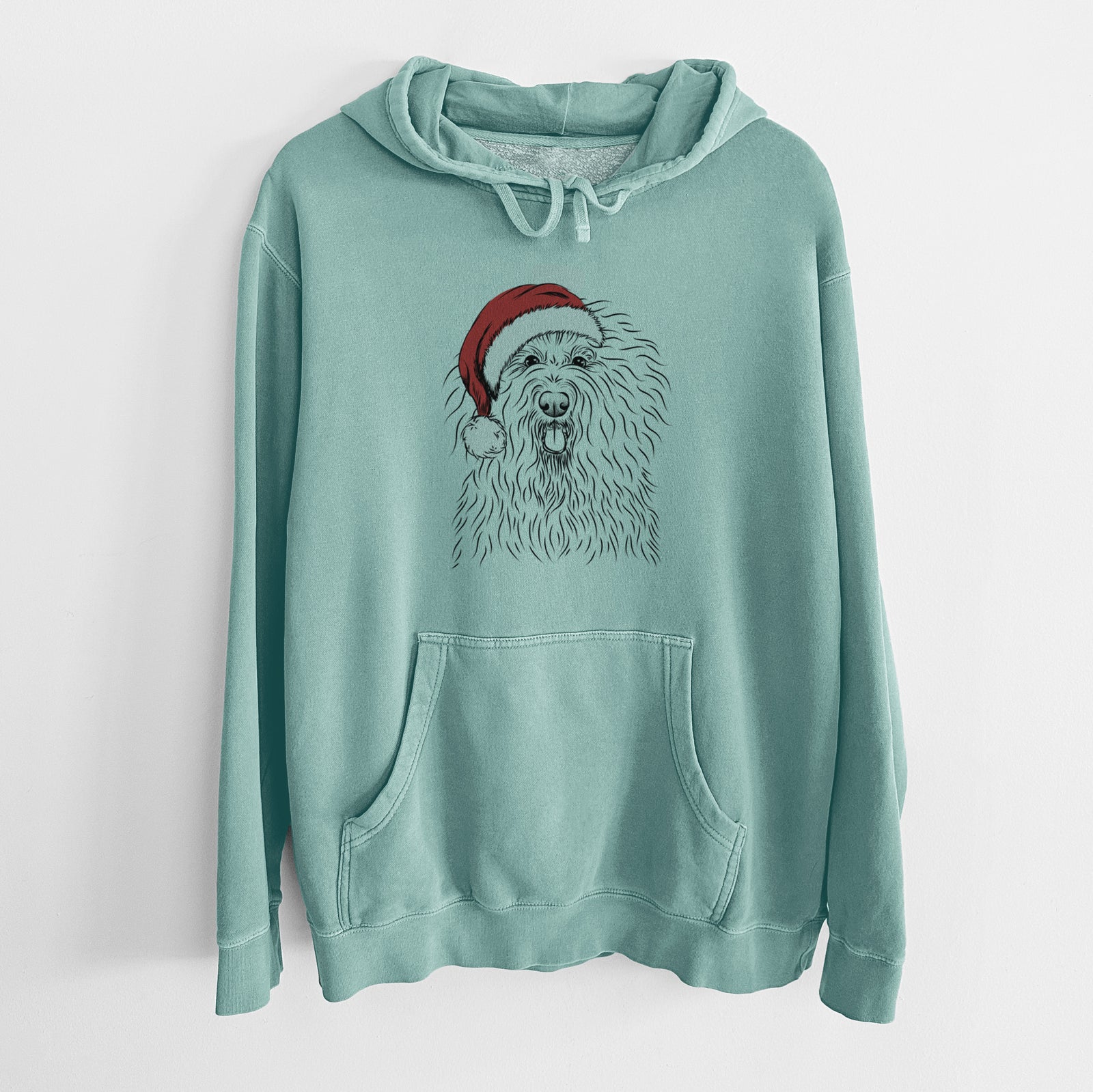 Hand-drawn sketch of Brody the Old English Sheepdog wearing a Santa hat on a Mint Unisex pigment dyed hoodie