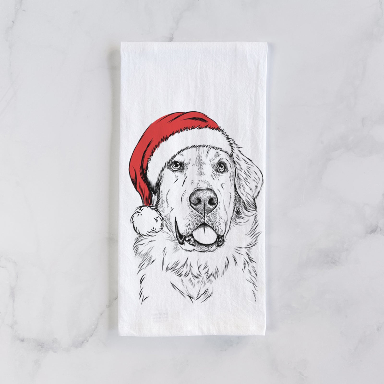 Hand-drawn sketch of Brophy the Great Pyrenees wearing a Santa hat on a tea towel