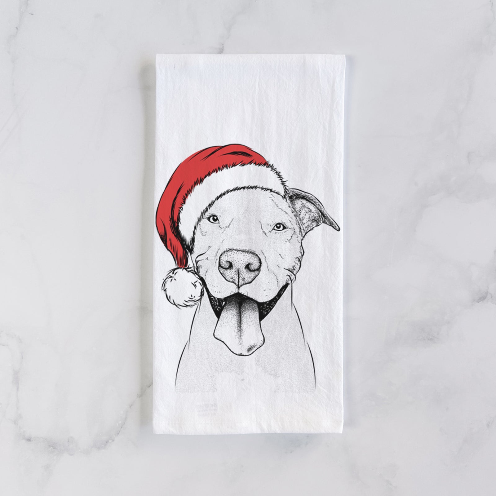 Hand-drawn sketch of Bruce the American Staffordshire Terrier wearing a Santa hat on a tea towel