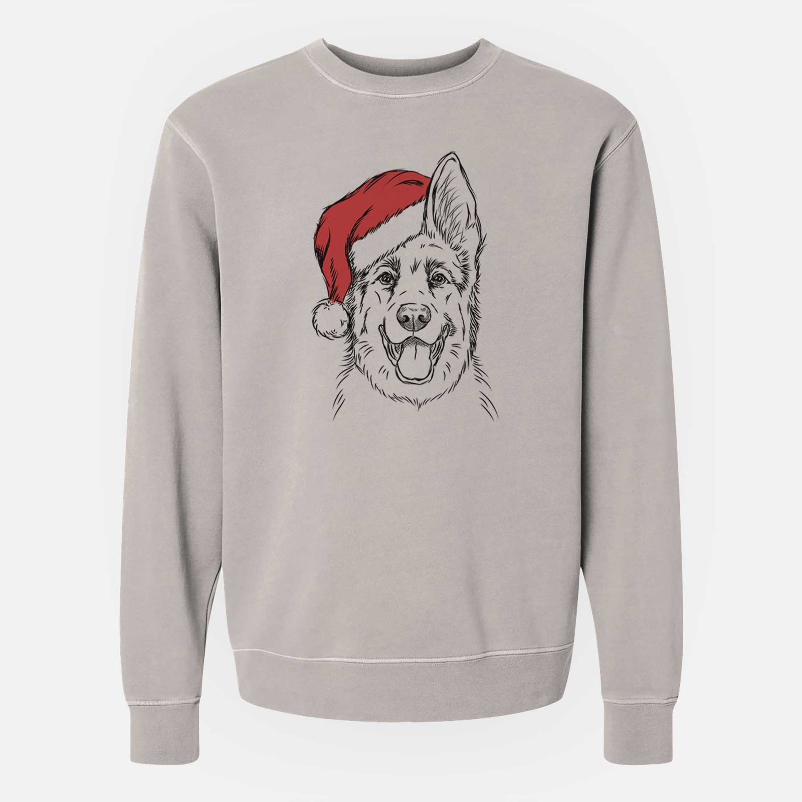 Hand-drawn sketch of Brutus the German Shepherd wearing a Santa hat on a Cement Unisex pigment dyed crew sweatshirt