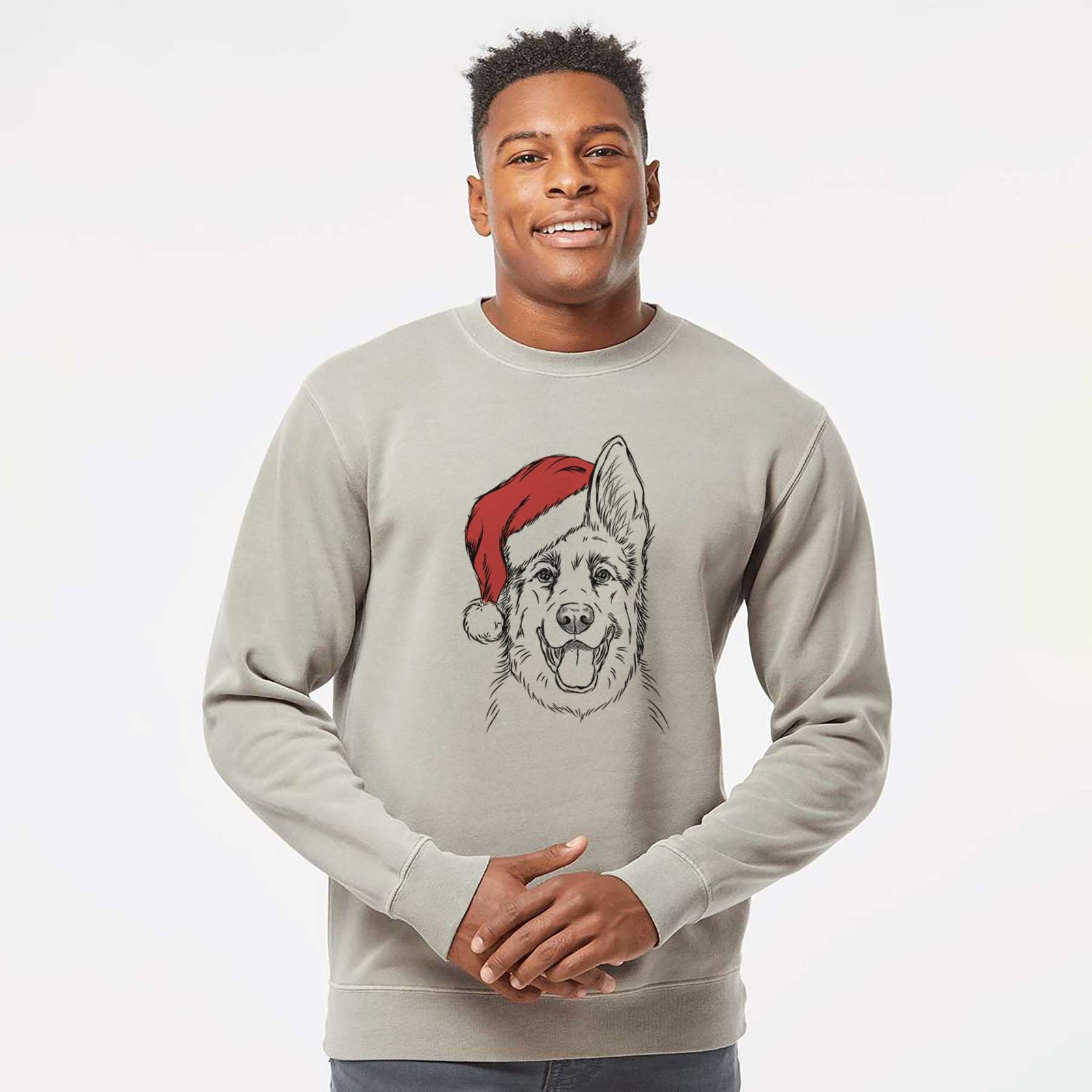 Hand-drawn sketch of Brutus the German Shepherd wearing a Santa hat on a Cement Unisex pigment dyed crew sweatshirt