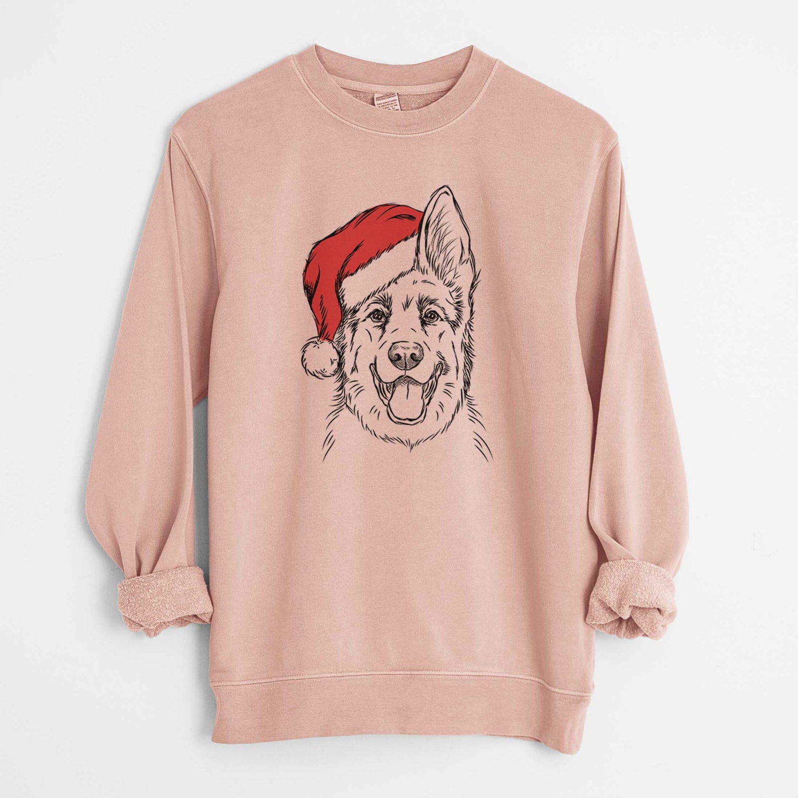 Hand-drawn sketch of Brutus the German Shepherd wearing a Santa hat on a Dusty Pink Unisex pigment dyed crew sweatshirt