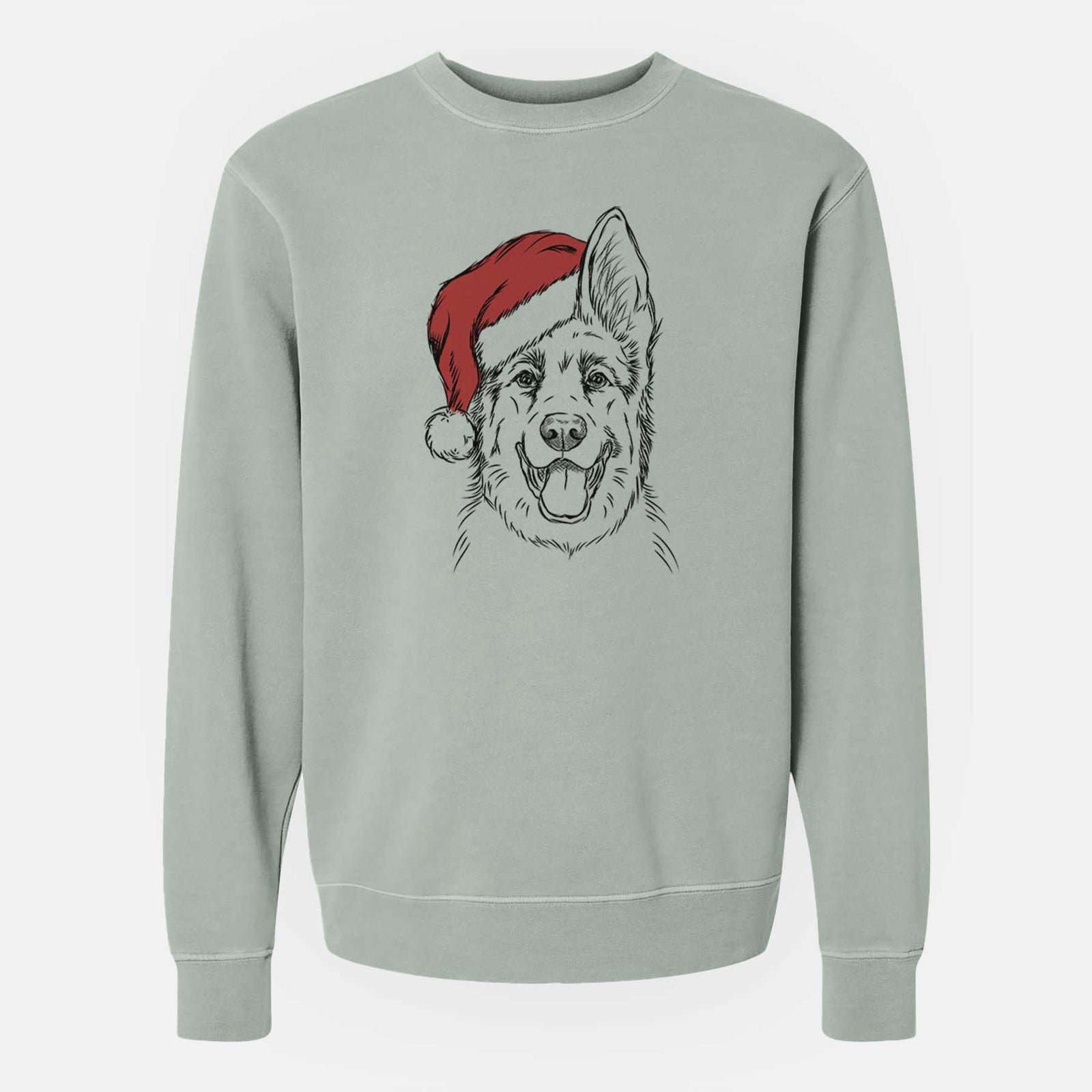 Hand-drawn sketch of Brutus the German Shepherd wearing a Santa hat on a Sage Unisex pigment dyed crew sweatshirt