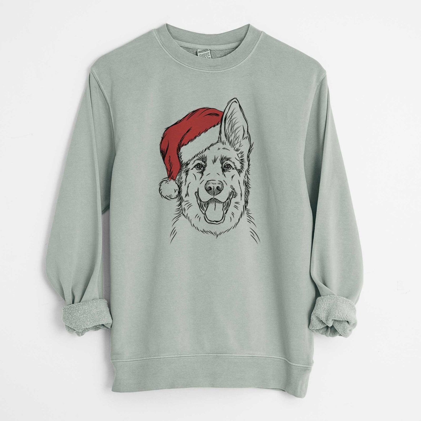 Hand-drawn sketch of Brutus the German Shepherd wearing a Santa hat on a Sage Unisex pigment dyed crew sweatshirt