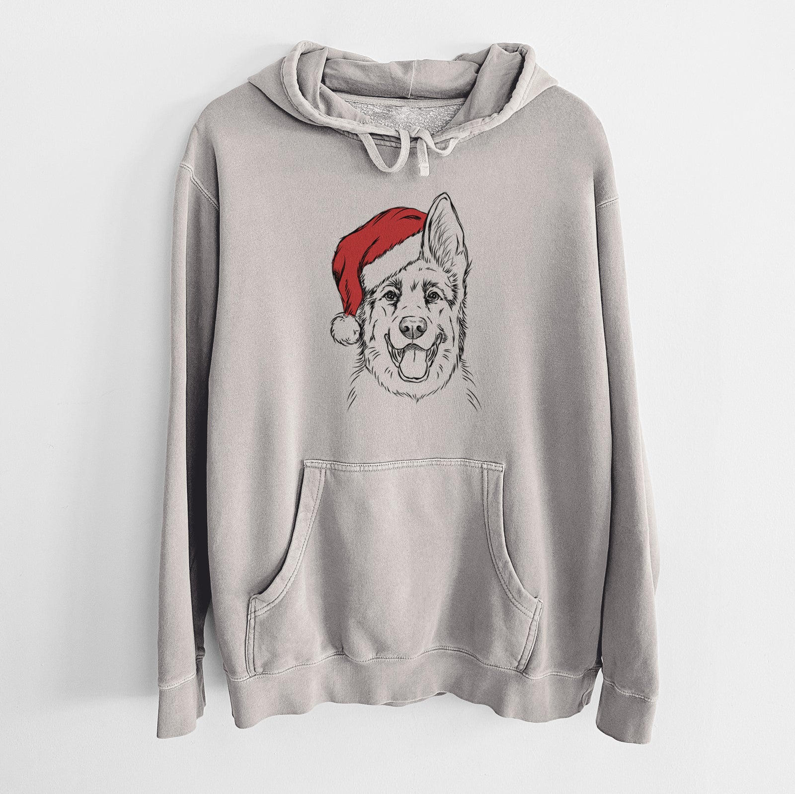 Hand-drawn sketch of Brutus the German Shepherd wearing a Santa hat on a Cement Unisex pigment dyed hoodie