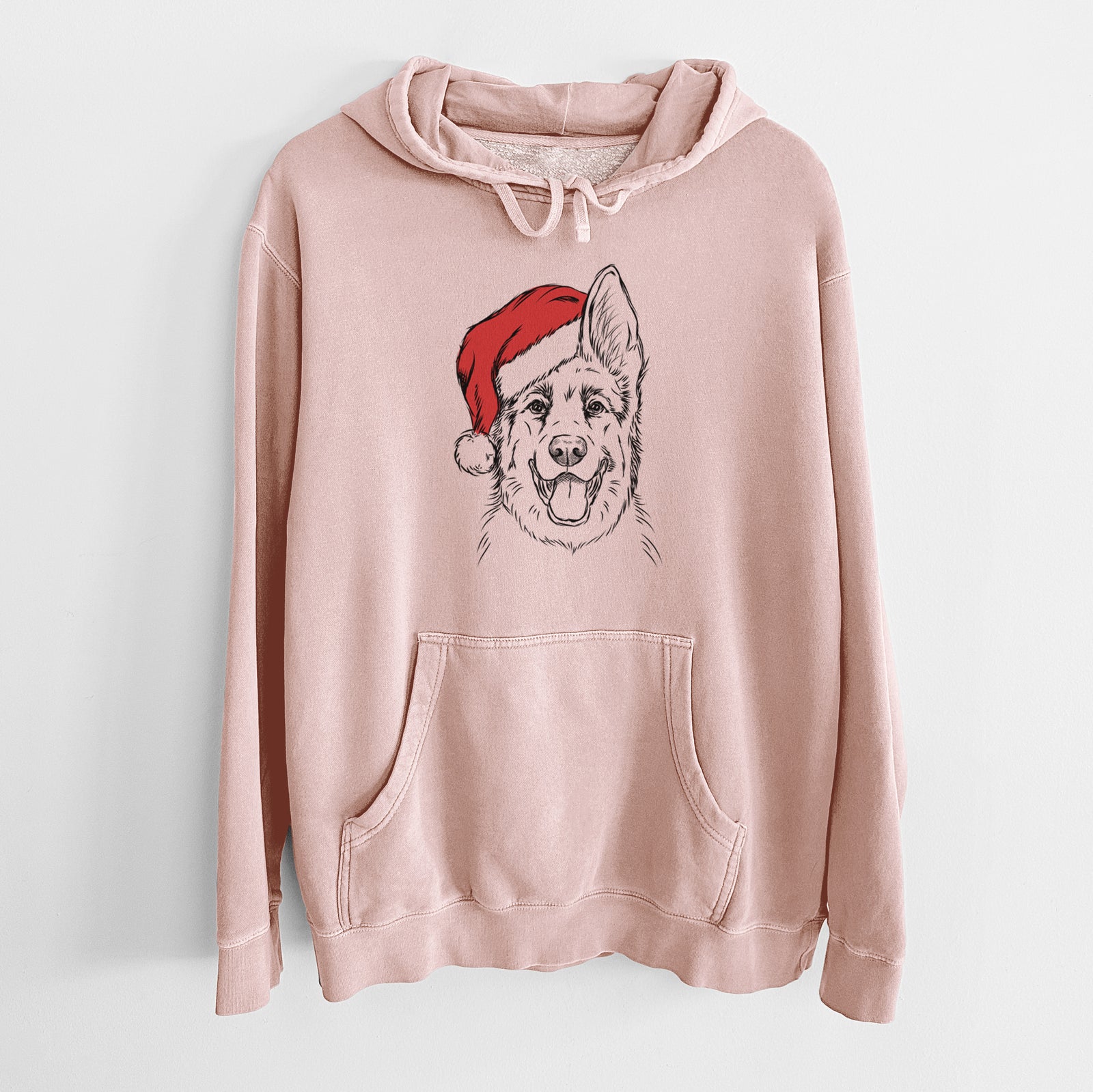 Hand-drawn sketch of Brutus the German Shepherd wearing a Santa hat on a Dusty Pink Unisex pigment dyed hoodie