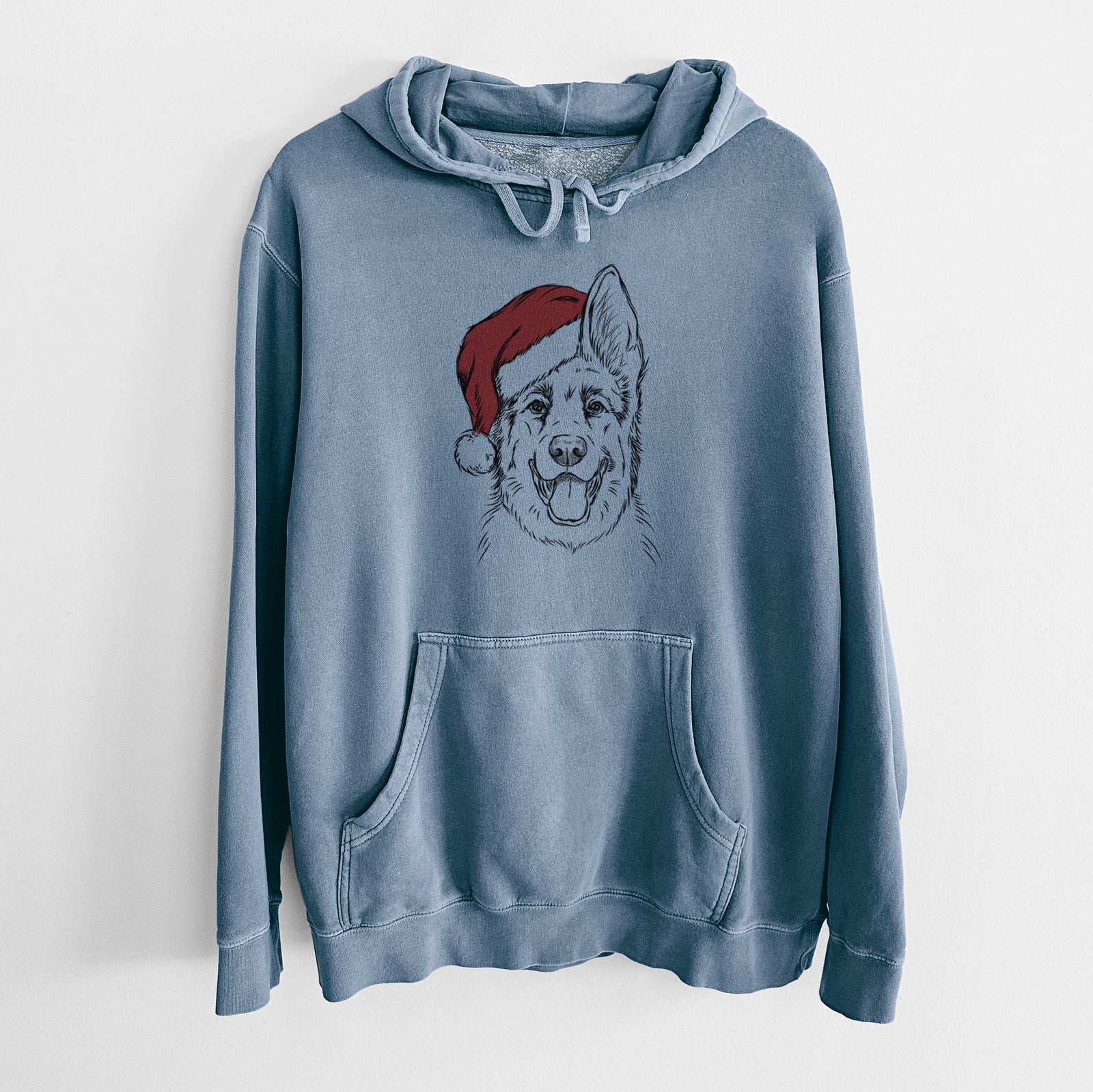 Hand-drawn sketch of Brutus the German Shepherd wearing a Santa hat on a Slate Blue Unisex pigment dyed hoodie