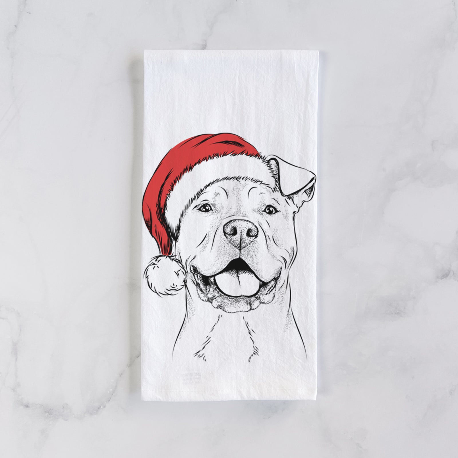 Hand-drawn sketch of Bubba Scraps the American Staffordshire Mix wearing a Santa hat on a tea towel