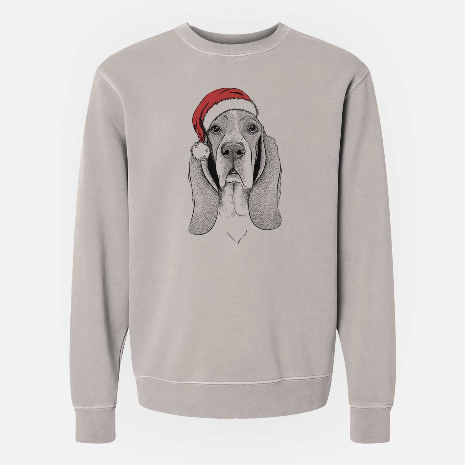 Hand-drawn sketch of Buckley the Basset Hound wearing a Santa hat on a Cement Unisex pigment dyed crew sweatshirt