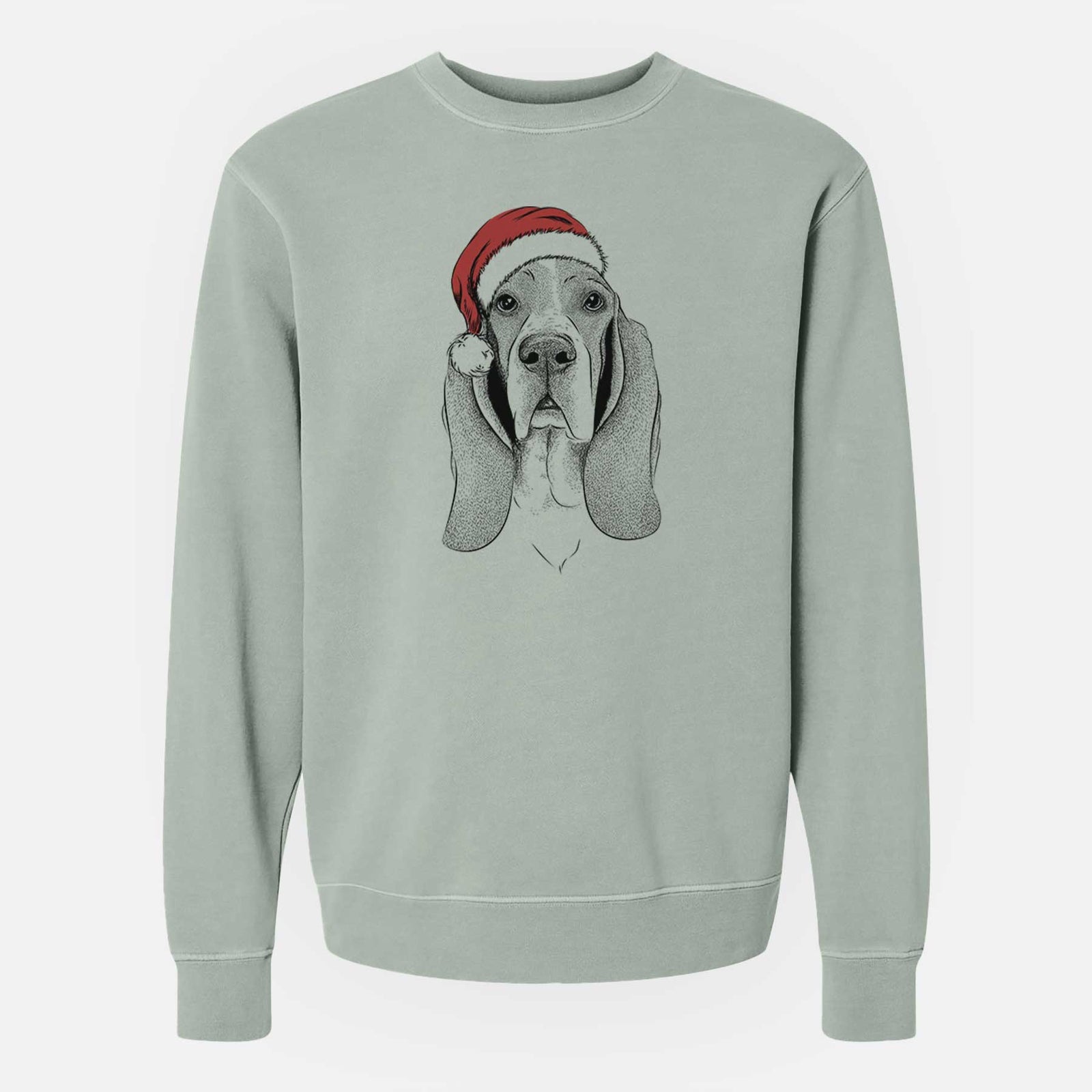 Hand-drawn sketch of Buckley the Basset Hound wearing a Santa hat on a Sage Unisex pigment dyed crew sweatshirt