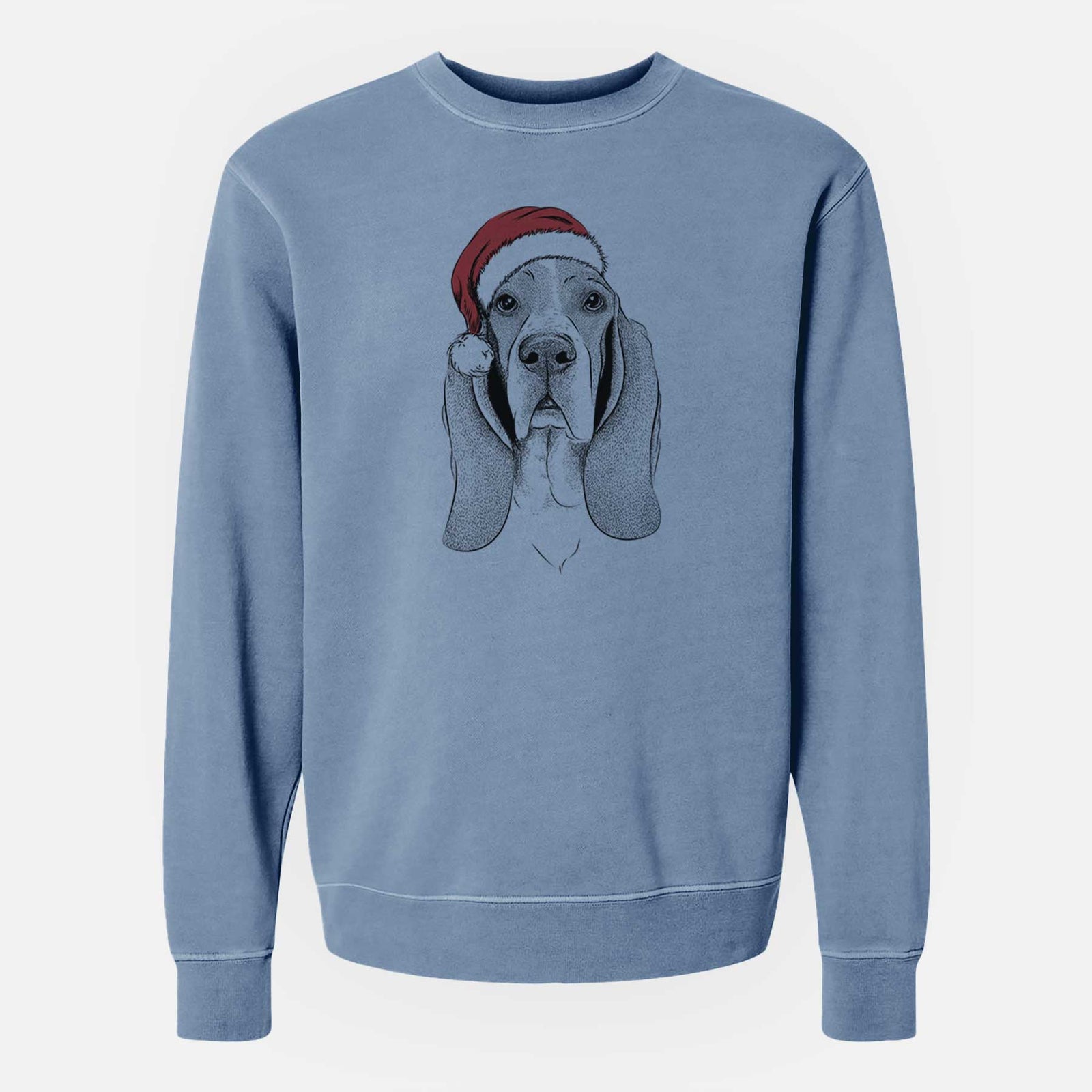 Hand-drawn sketch of Buckley the Basset Hound wearing a Santa hat on a Slate Blue Unisex pigment dyed crew sweatshirt