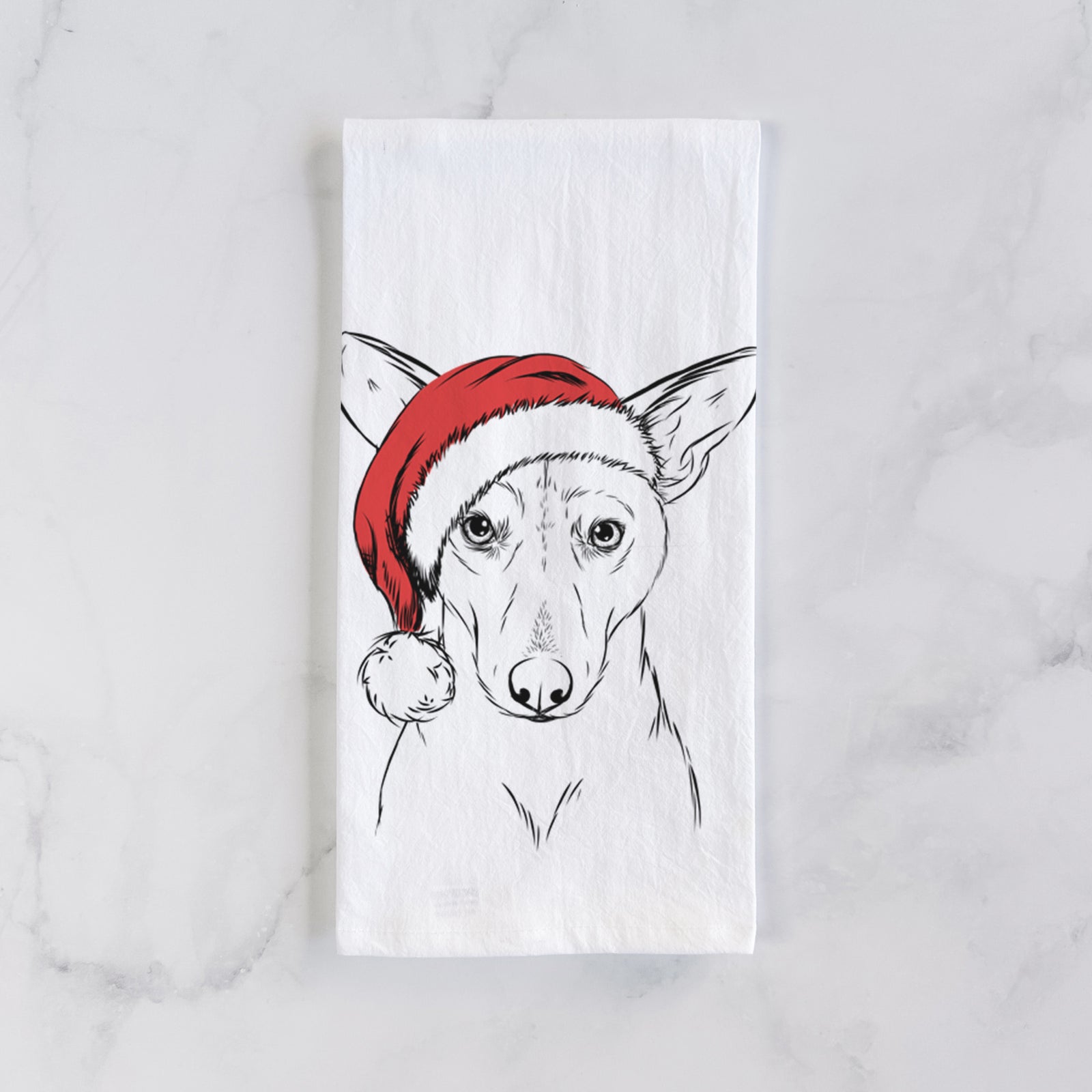 Hand-drawn sketch of Buff the Dorgi wearing a Santa hat on a tea towel