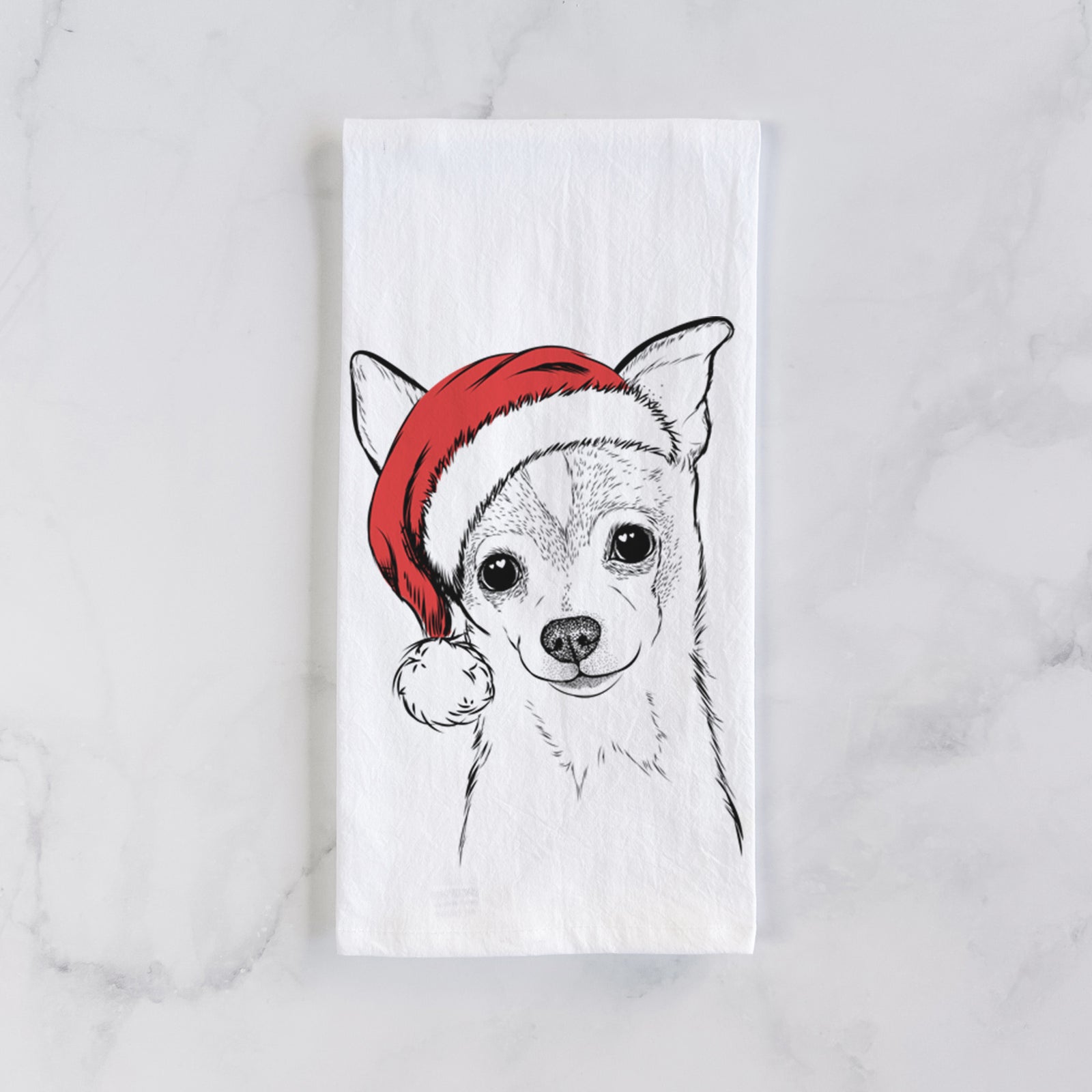 Hand-drawn sketch of Buggy the Chihuahua wearing a Santa hat on a tea towel