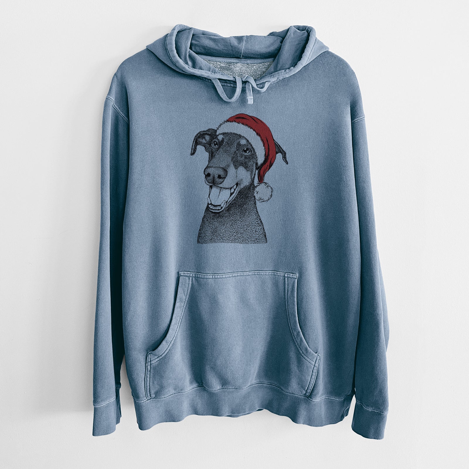 Hand-drawn sketch of Bunnie the Doberman Pinscher wearing a Santa hat on a Slate Blue Unisex pigment dyed hoodie