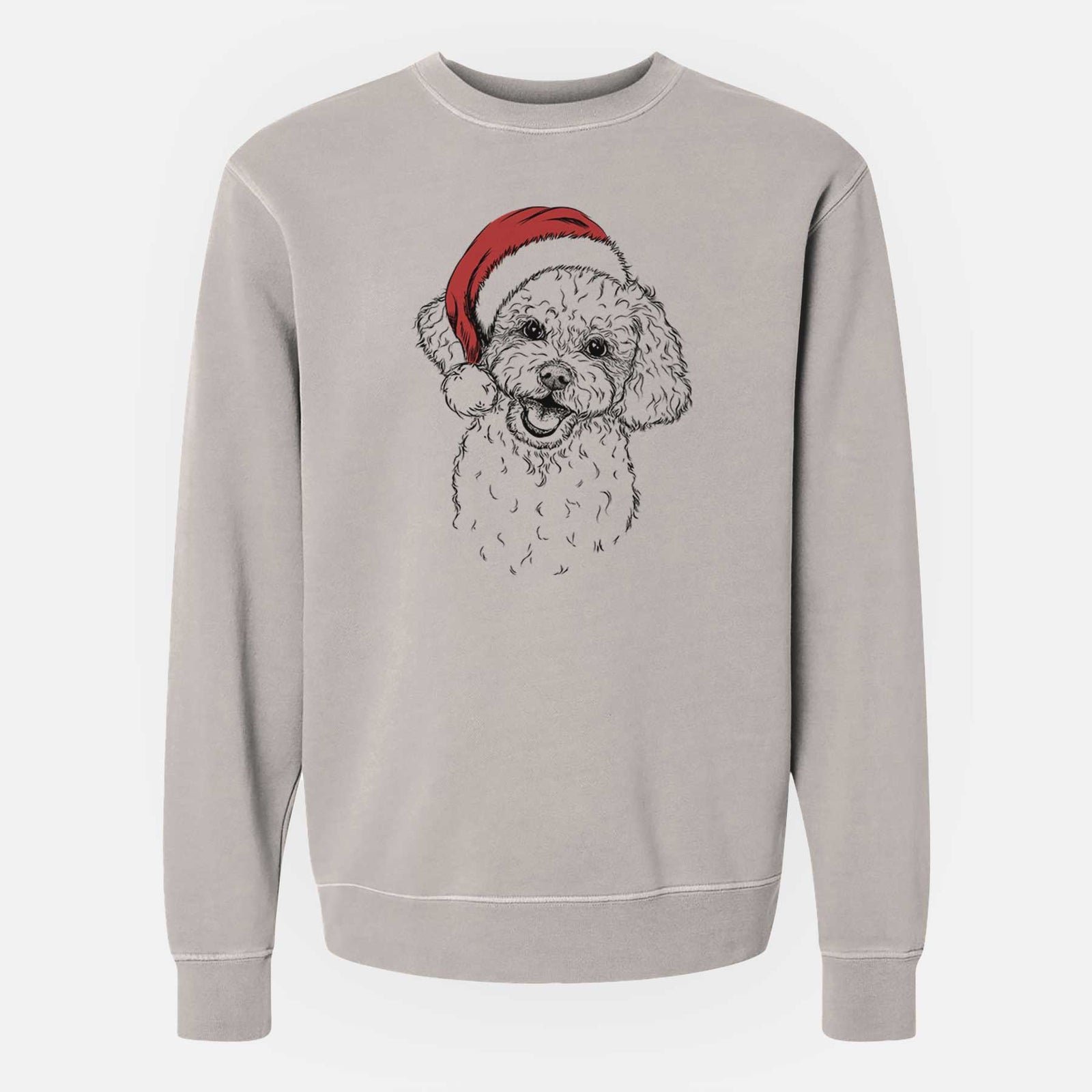 Hand-drawn sketch of Caesar the Bichon Frise wearing a Santa hat on a Cement Unisex pigment dyed crew sweatshirt