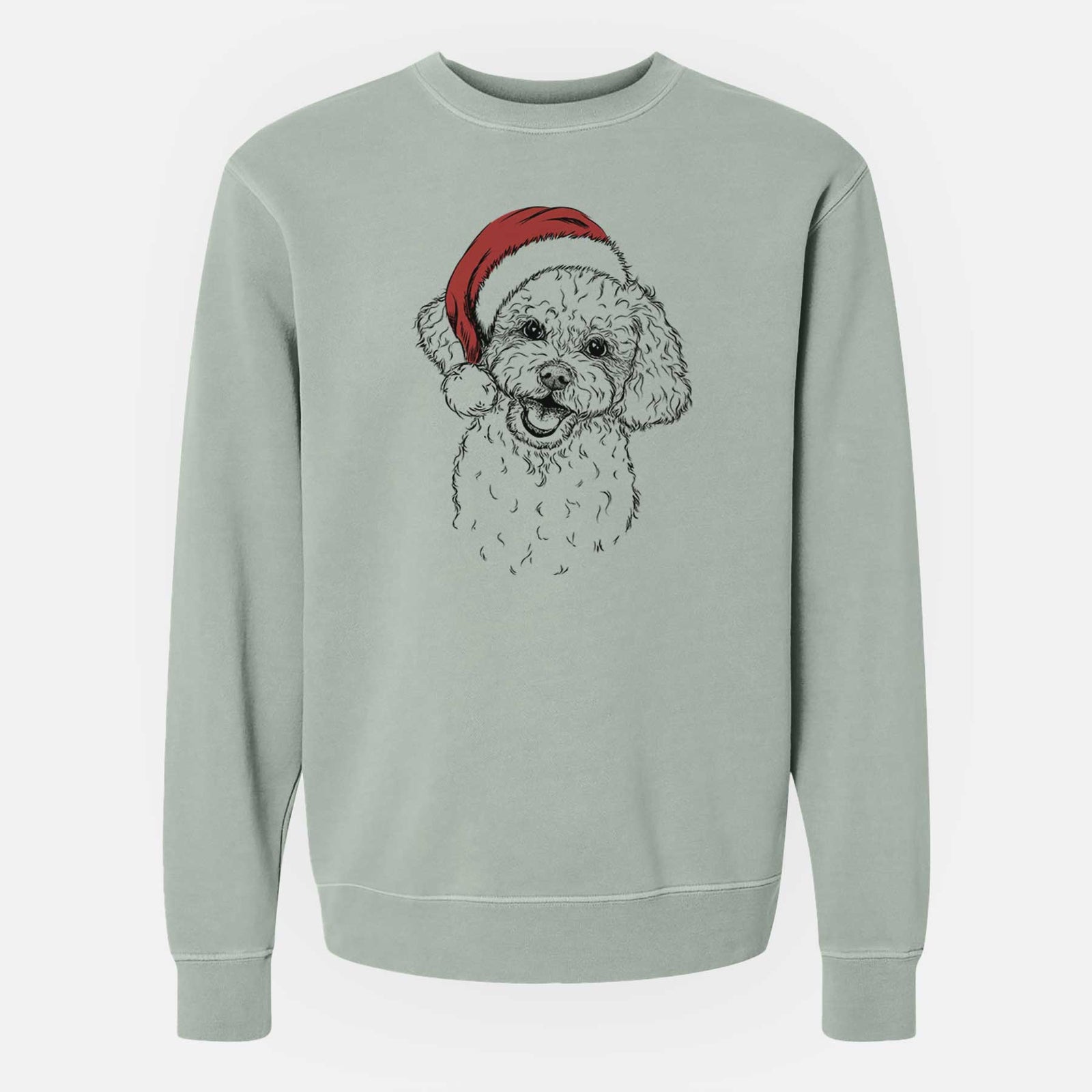 Hand-drawn sketch of Caesar the Bichon Frise wearing a Santa hat on a Sage Unisex pigment dyed crew sweatshirt