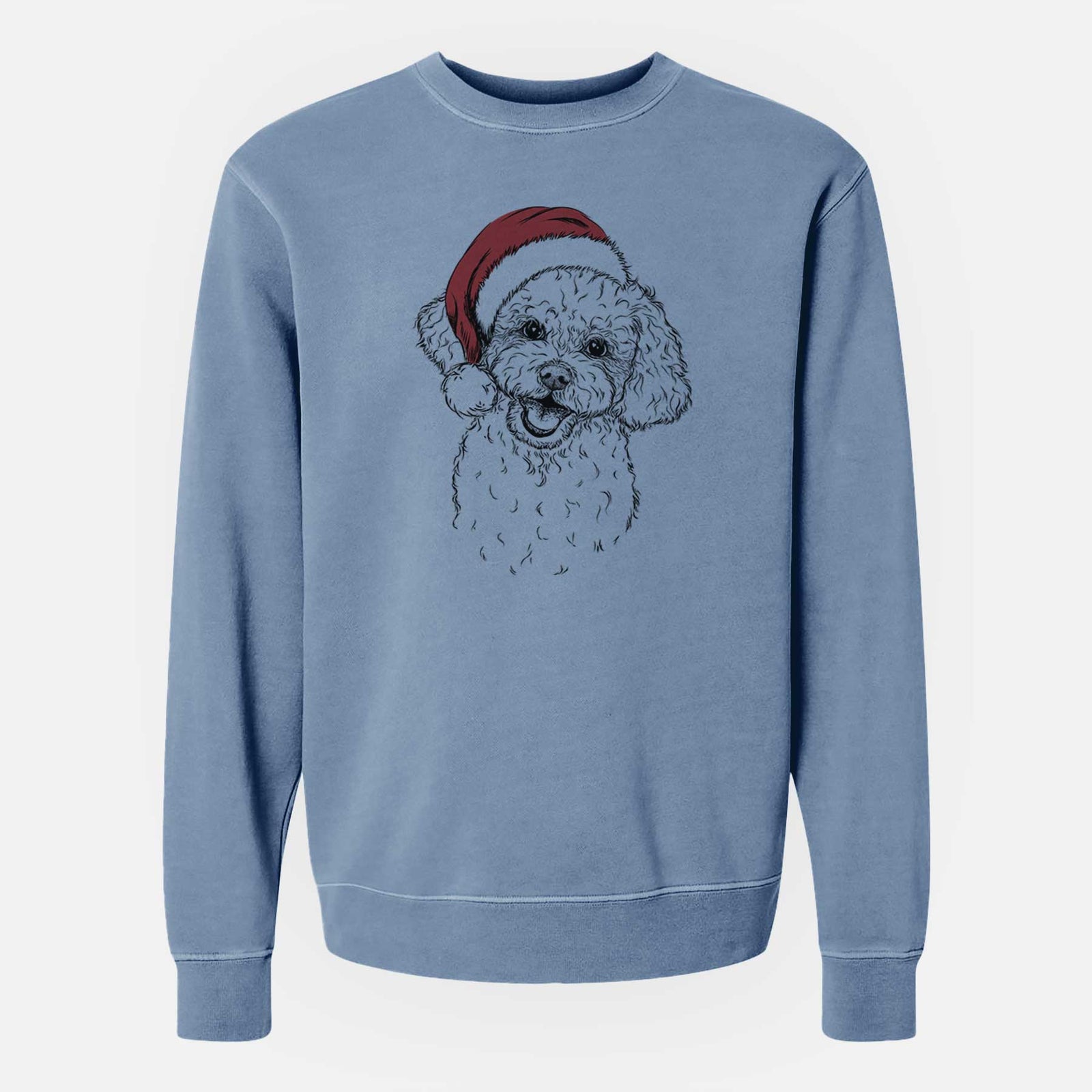 Hand-drawn sketch of Caesar the Bichon Frise wearing a Santa hat on a Slate Blue Unisex pigment dyed crew sweatshirt