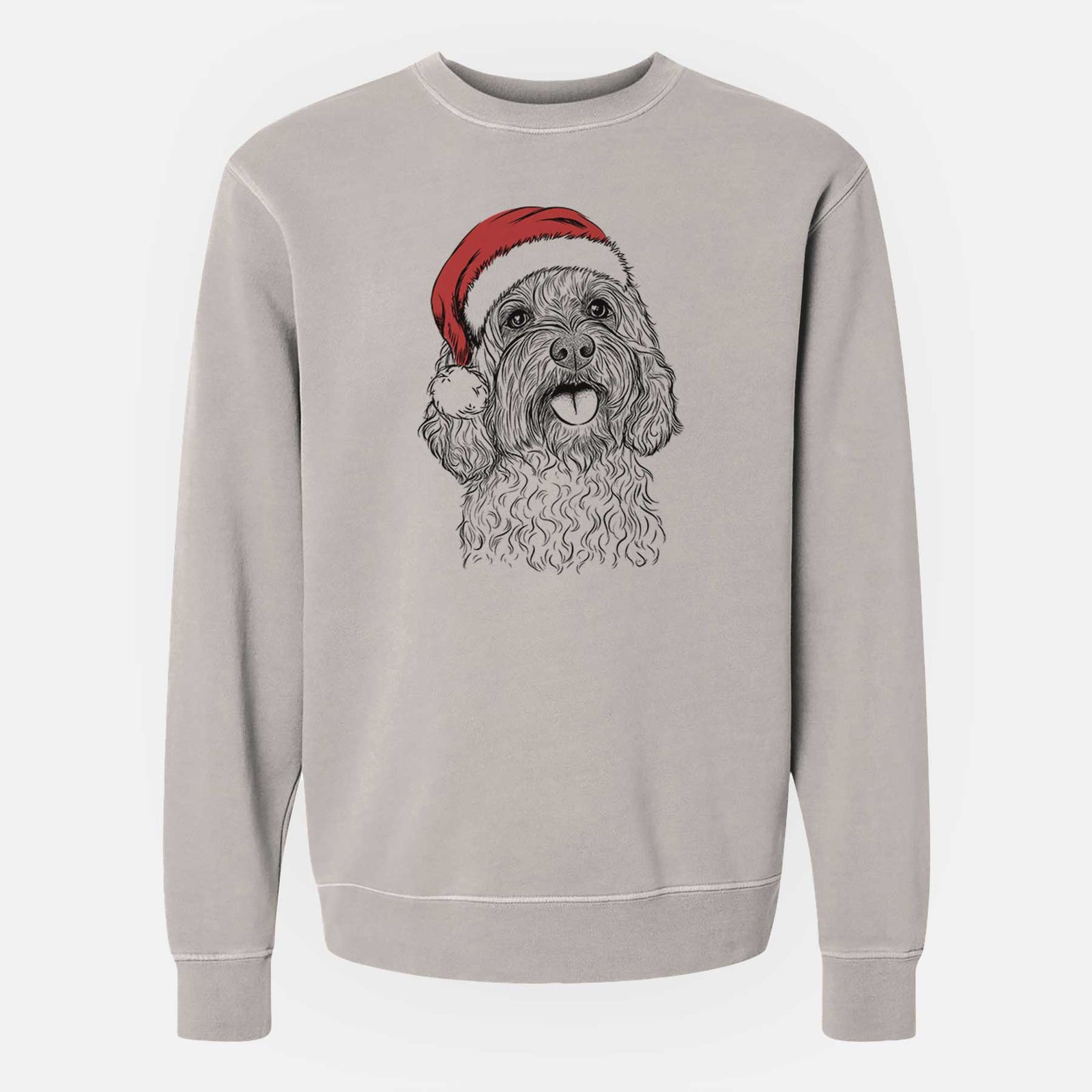 Hand-drawn sketch of Cali the Cavapoo wearing a Santa hat on a Cement Unisex pigment dyed crew sweatshirt