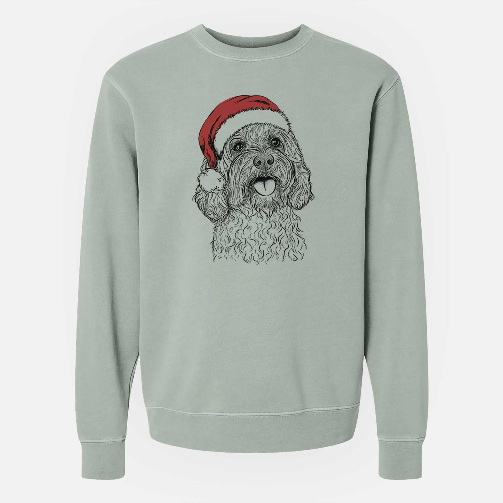 Hand-drawn sketch of Cali the Cavapoo wearing a Santa hat on a Sage Unisex pigment dyed crew sweatshirt