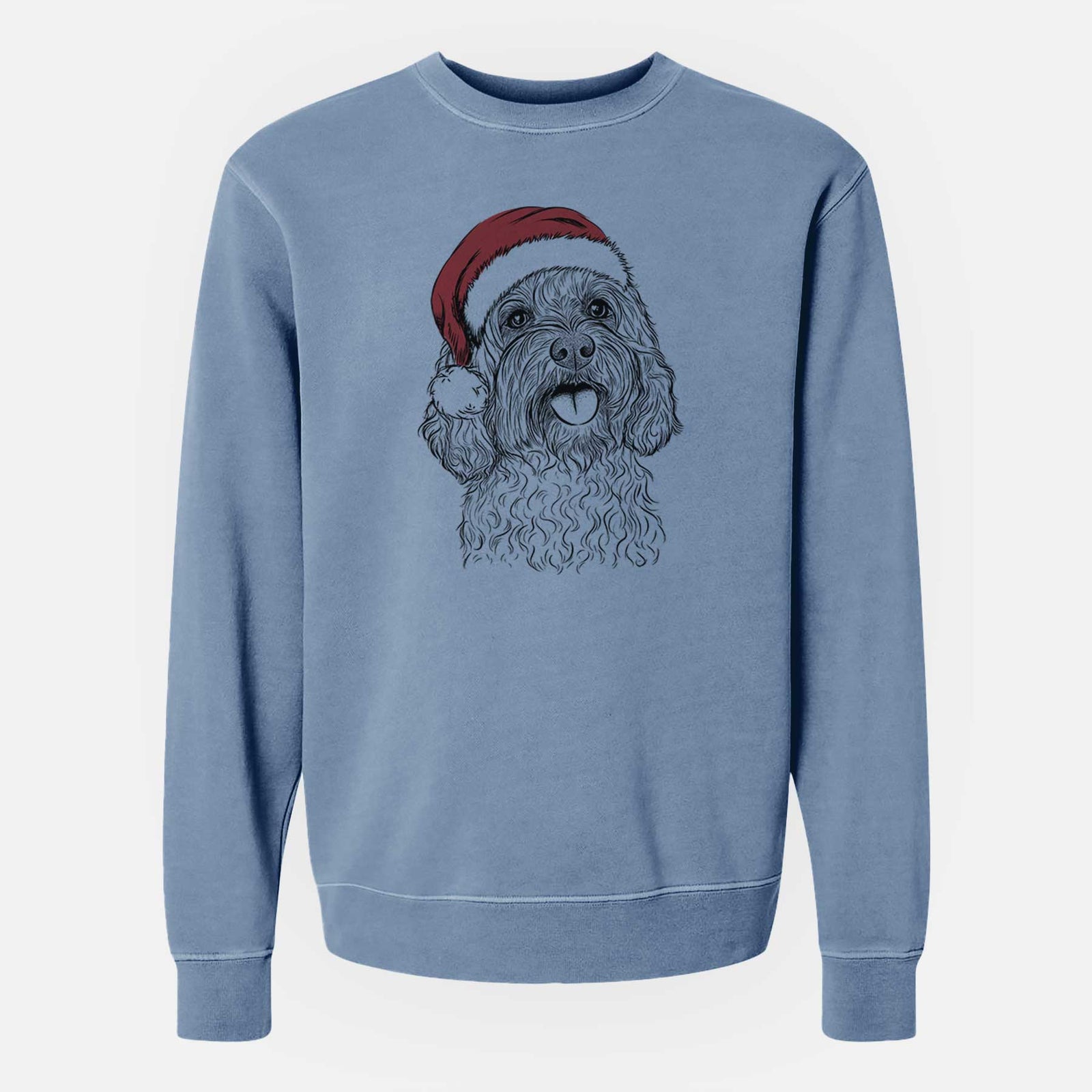 Hand-drawn sketch of Cali the Cavapoo wearing a Santa hat on a Slate Blue Unisex pigment dyed crew sweatshirt