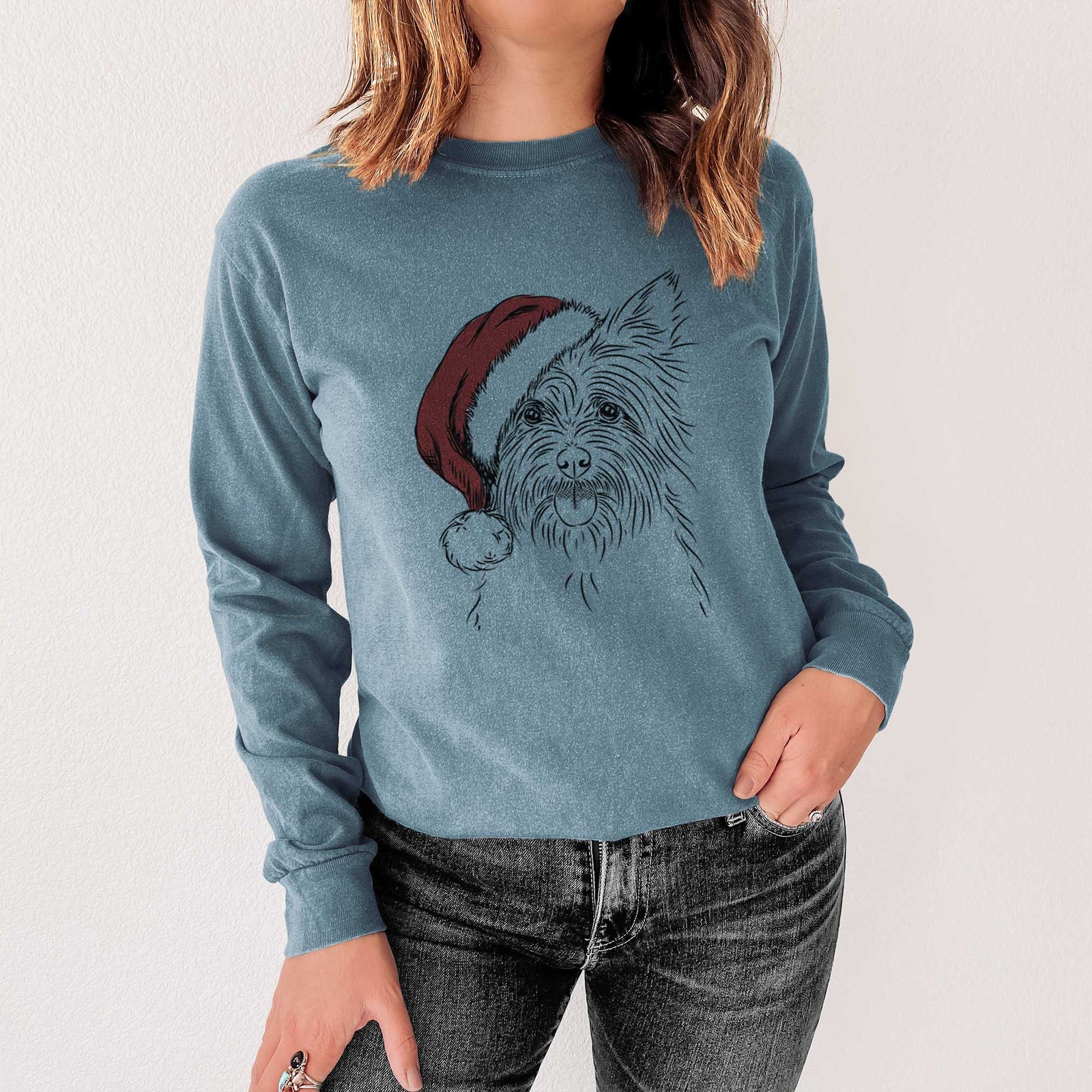 Santa Calum the Cairn Terrier - Men's Heavyweight 100% Cotton Long Sleeve