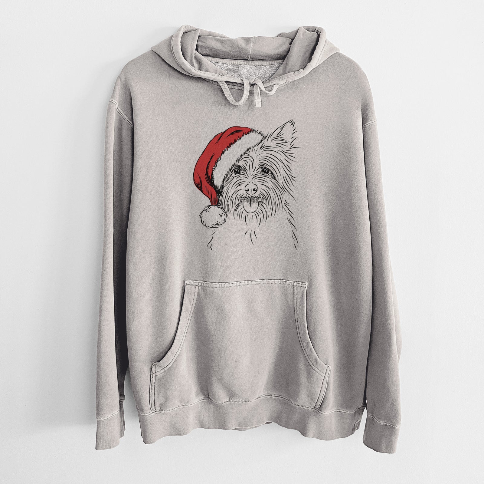 Hand-drawn sketch of Calum the Cairn Terrier wearing a Santa hat on a Cement Unisex pigment dyed hoodie