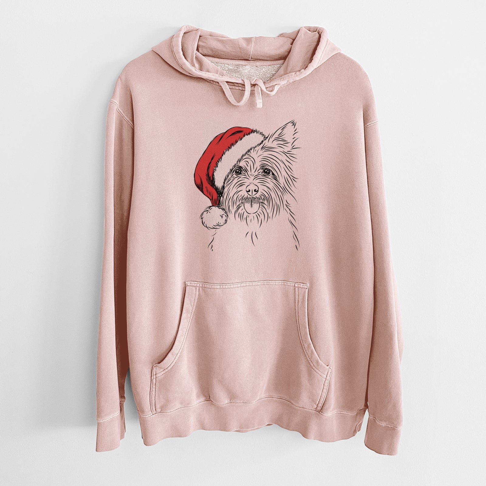 Hand-drawn sketch of Calum the Cairn Terrier wearing a Santa hat on a Dusty Pink Unisex pigment dyed hoodie