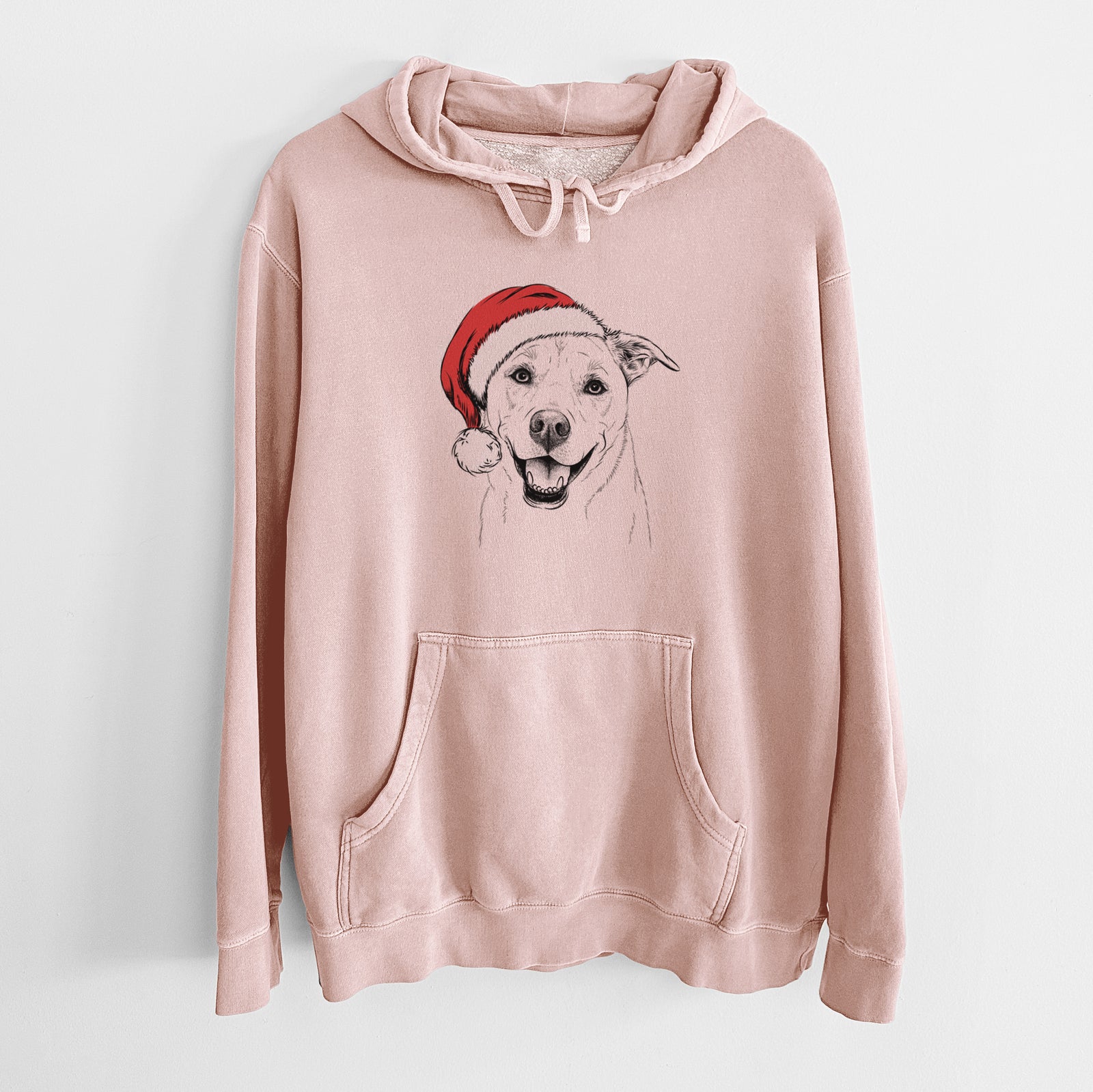 Hand-drawn sketch of Carl the Mixed Breed wearing a Santa hat on a Dusty Pink Unisex pigment dyed hoodie