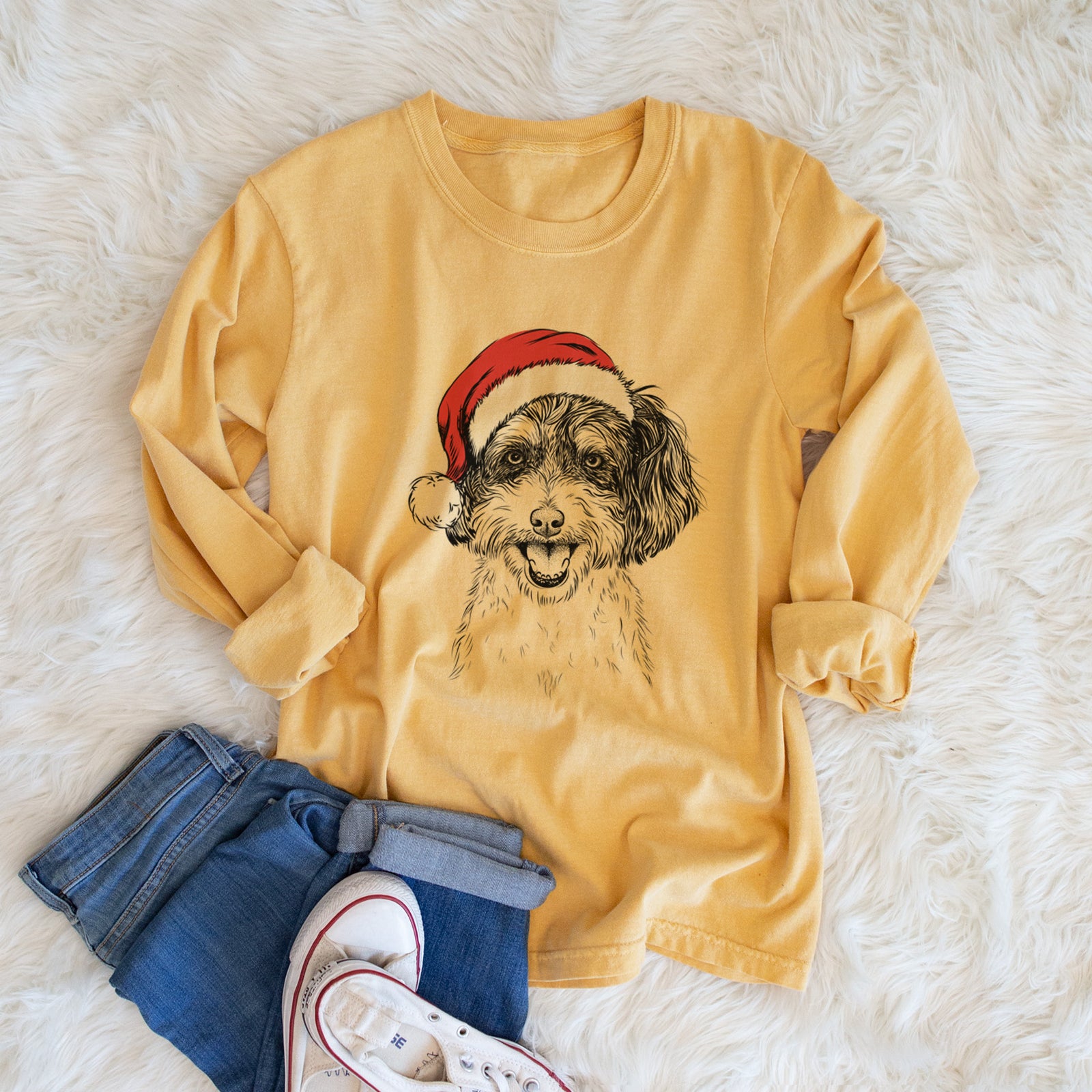 Santa Carlos the Cavapoo - Men's Heavyweight 100% Cotton Long Sleeve