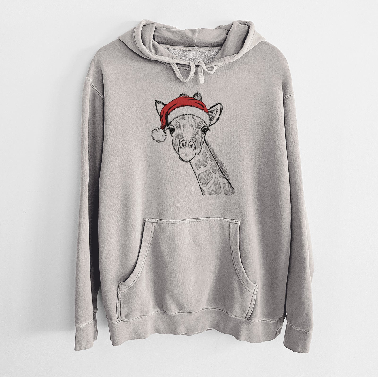 Hand-drawn sketch of Cedrick the Giraffe wearing a Santa hat on a Cement Unisex pigment dyed hoodie