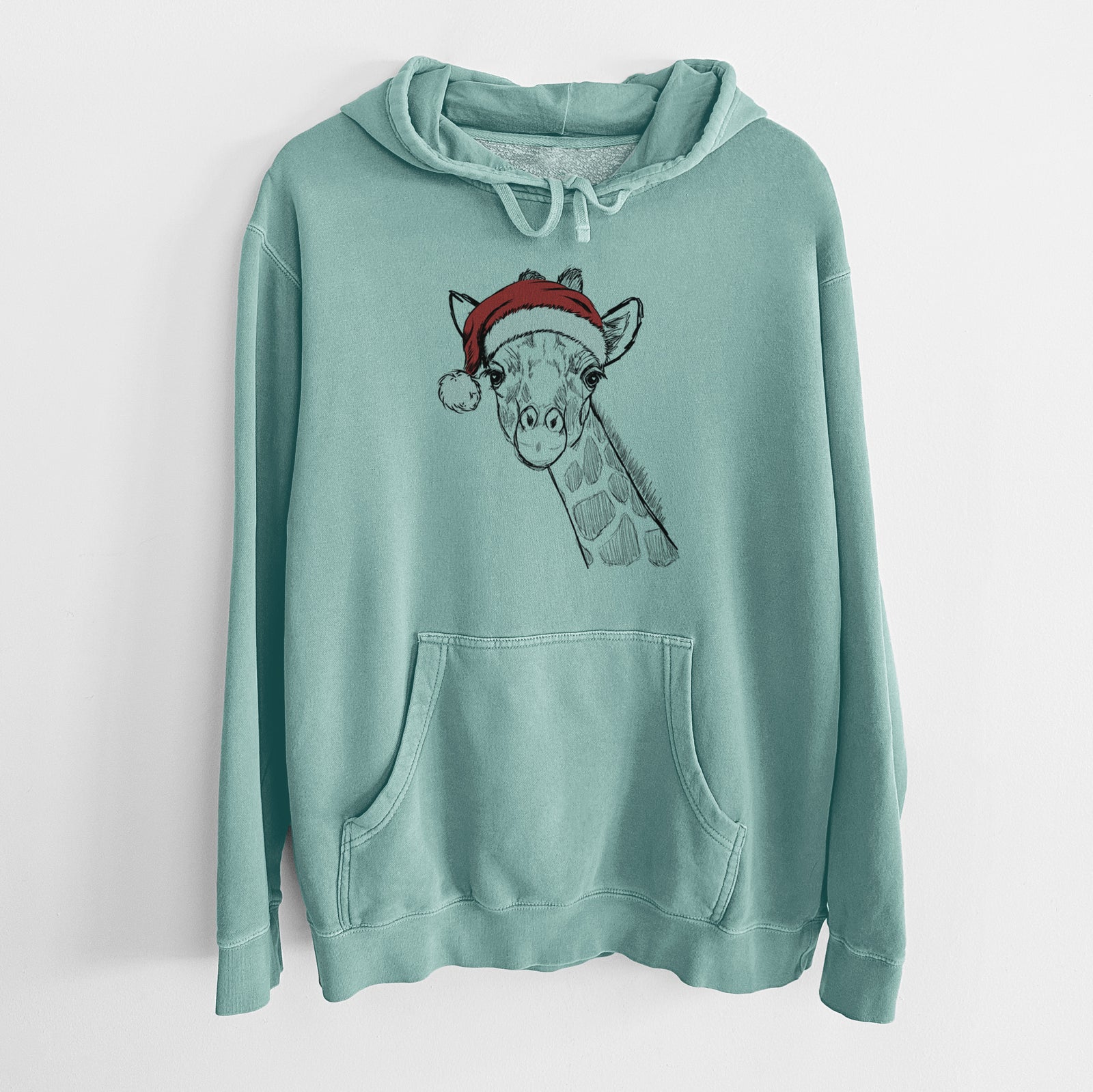 Hand-drawn sketch of Cedrick the Giraffe wearing a Santa hat on a Mint Unisex pigment dyed hoodie