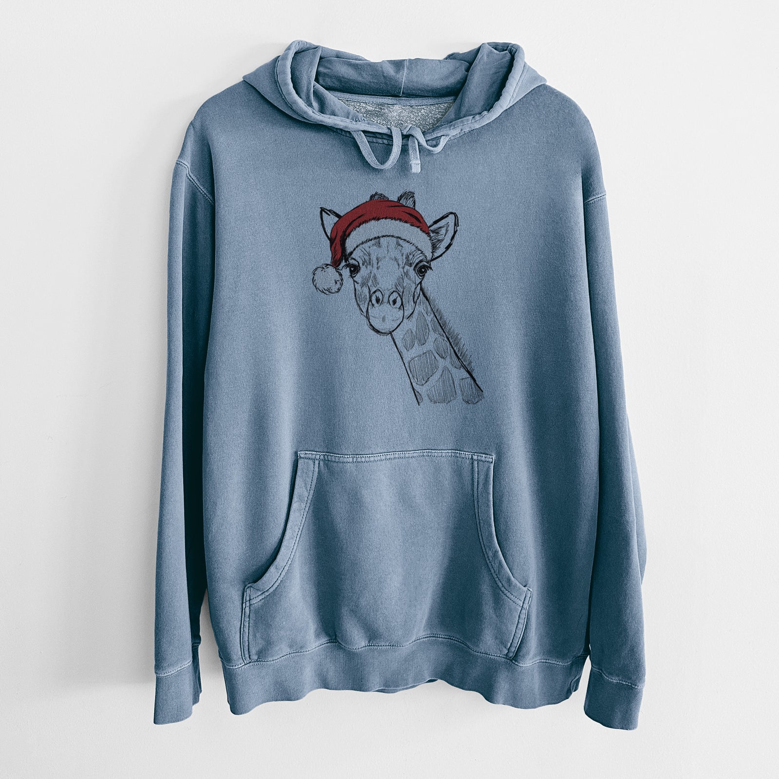 Hand-drawn sketch of Cedrick the Giraffe wearing a Santa hat on a Slate Blue Unisex pigment dyed hoodie