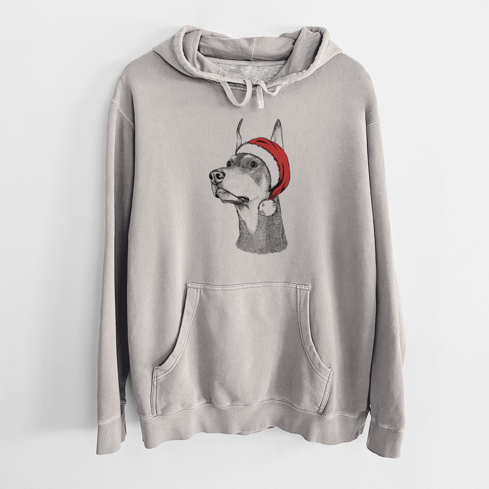 Hand-drawn sketch of Cenza the Doberman Pinscher wearing a Santa hat on a Cement Unisex pigment dyed hoodie