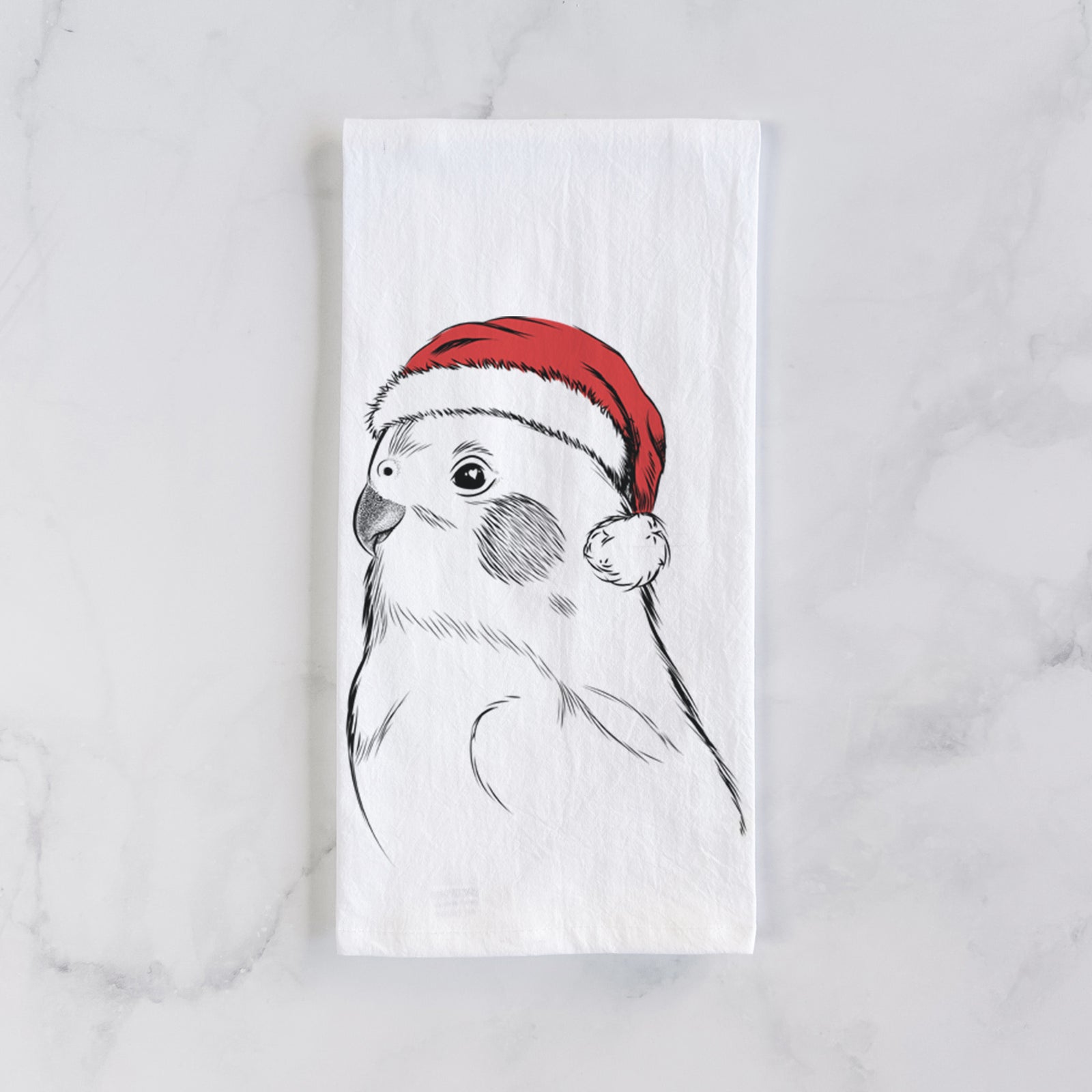 Hand-drawn sketch of Charlie the Cockatiel wearing a Santa hat on a tea towel