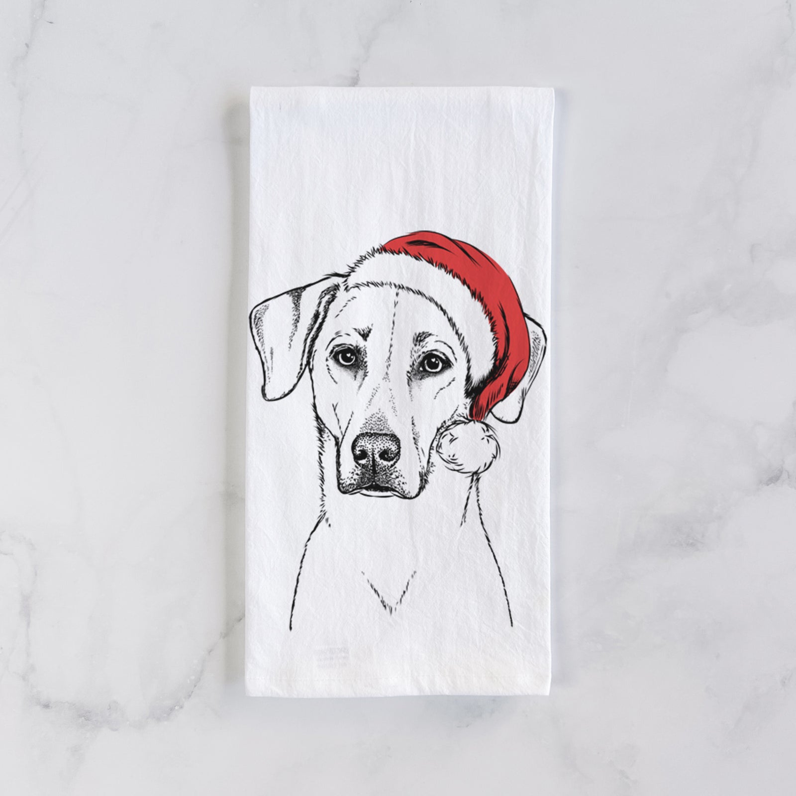 Hand-drawn sketch of Charlie Girl the Yellow Lab wearing a Santa hat on a tea towel