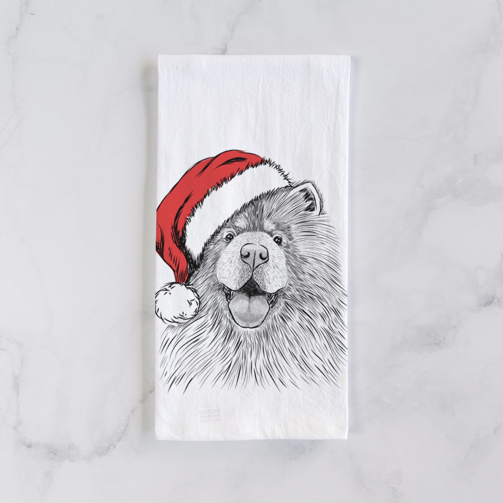 Hand-drawn sketch of Charming Charlie the Chow Chow wearing a Santa hat on a tea towel