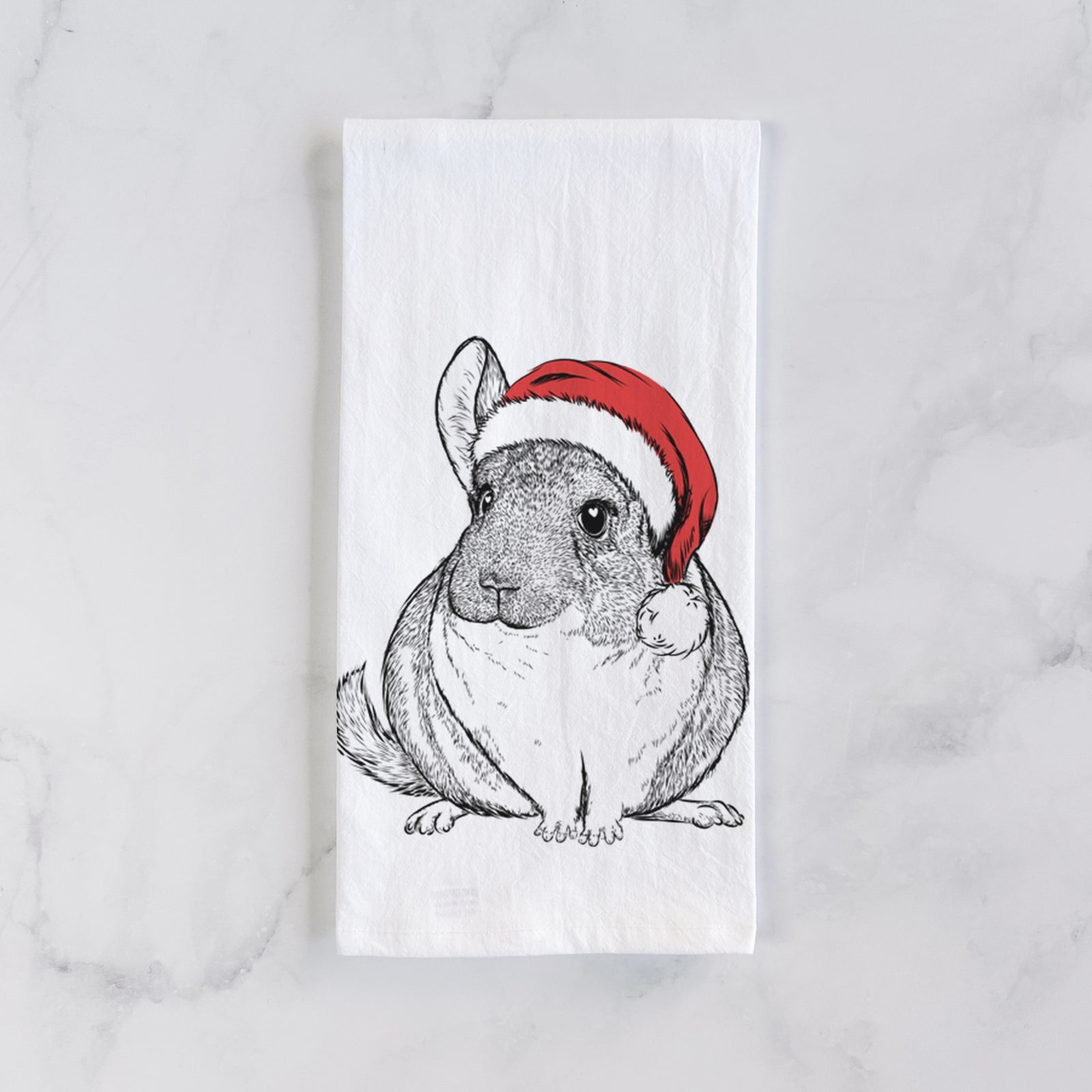 Hand-drawn sketch of Cheddar the Chinchilla wearing a Santa hat on a tea towel