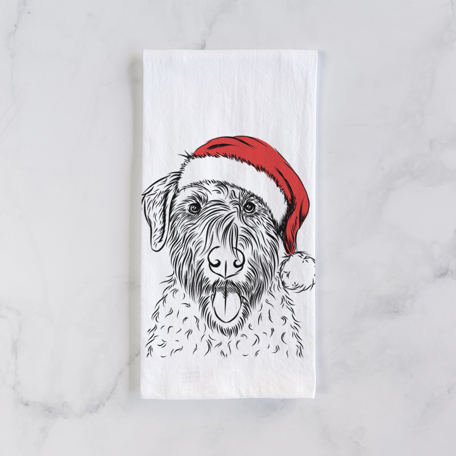 Hand-drawn sketch of Chester the Soft Coated Wheaten Terrier wearing a Santa hat on a tea towel